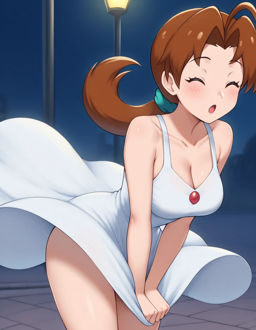 masterpiece, best quality, 1girl, <lora:Delia_Ketchum_IL:1>, deliaketchum, brown hair, low ponytail, ahoge, aqua scrunchie, white dress, sleeveless, collarbone, cleavage, medium breasts, long dress, thighs, closed eyes, :o, leaning forward, wind lift, dress lift, dress tug, street, night