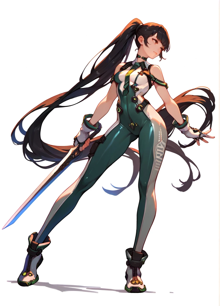 1girl, solo, white background, bangs, black hair, long ponytail, sbevedef, bodysuit, fingerless gloves, skin tight, full body, holding sword <lora:SB_EVE-PONY:0.8>, score_9, score_8_up, score_7_up, score_6_up,