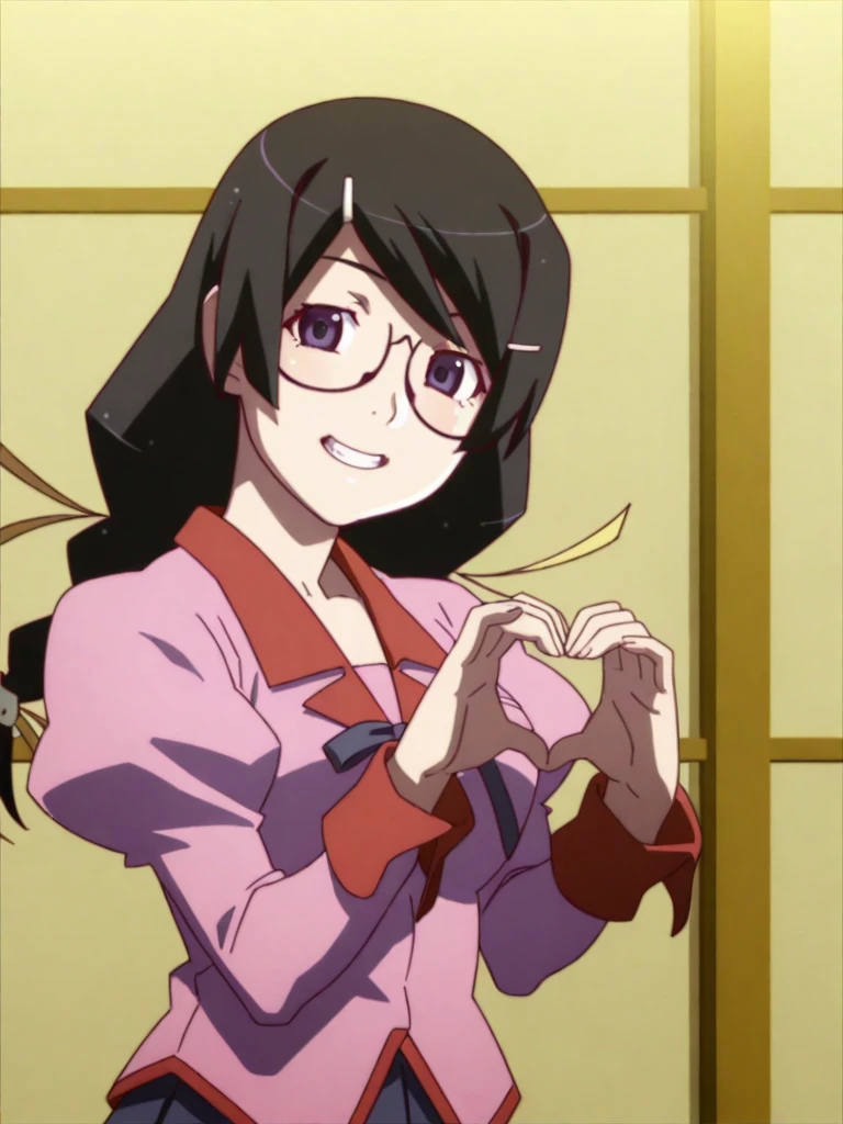 1girl,
hanekawa tsubasa, 
monogatari \(series\), 
8k, absurdres, high quality, masterpiece, anime screencap,
long hair, purple eyes, twin braids, black hair, hair ornament, hairclip, glasses, smile, clenched teeth,
upper body, heart hands, hands up, own hands together, naoetsu school uniform, long sleeves, juliet sleeves, pink jacket, blue skirt, pleated skirt, looking at viewer