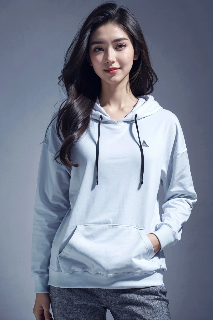 raw photo, intricate details, textured skin, dynamic pose, shot from below, 1girl, Korean, pale skin, long hair, blue eyes, freckles all over body, oversized hoodie, briefs, (wide thigh gap:1.2), gray gradient background, best quality, 16k, masterpiece