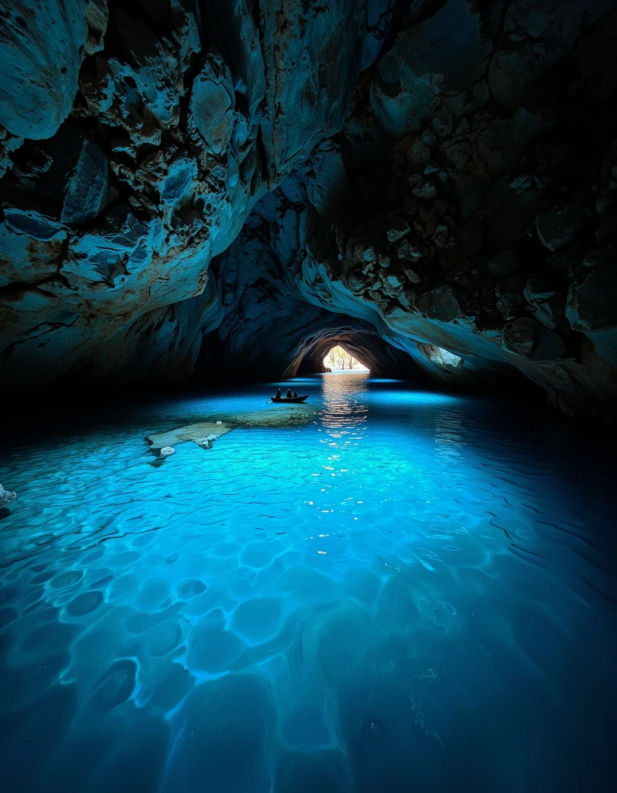 A mesmerizing underground cave illuminated by a natural, ethereal blue glow. The crystal-clear water reflects the soft light, creating ripples of radiant blue across the cave's textured rocky walls. In the distance, a small opening reveals a faint glimpse of daylight, adding contrast and depth to the scene. A small silhouette of a boat with people is visible, quietly drifting in the serene, magical atmosphere of the cave. The overall composition evokes a sense of wonder and tranquility, with the interplay of light and shadow enhancing the mystique of this natural marvel. <lora:Exogenous:1>