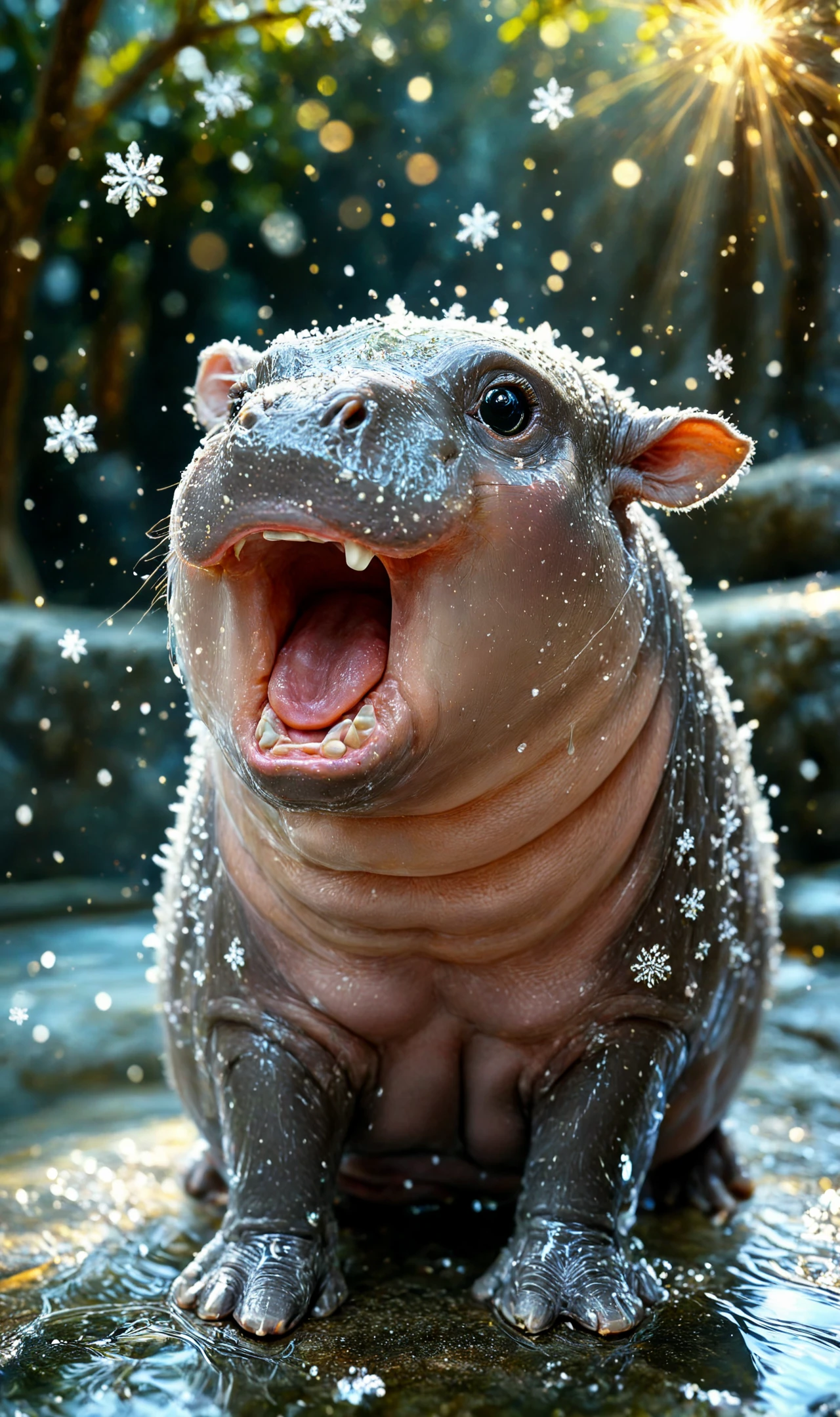 closeup highly detailed snowflakes falling everywhere, moodeng hippo sitting by a pool, bright, reflections, intricate, sharp focus, lens flare, bloom, illustration, highly detailed, digital painting, concept art, matte, art by ruan jia and wlop and greg rutkowski, masterpiece, (HD, masterpiece, best quality, hyper detailed, ultra detailed, super realistic),amazing, snowflake, sparkling snowflakes, Mystical Snowflakes, (moodeng open mouth:1.2),
<lora:LCMTurboMix_Euler_A_fix:1><lora:MidjourneyV6.1:1> <lora:Snowflake:0.6> <lora:sparkling_snowflakes:0.6> <lora:Mystical Snowflakes XL:0.7> <lora:SDXL_BTT_MOODENG_v01:1>