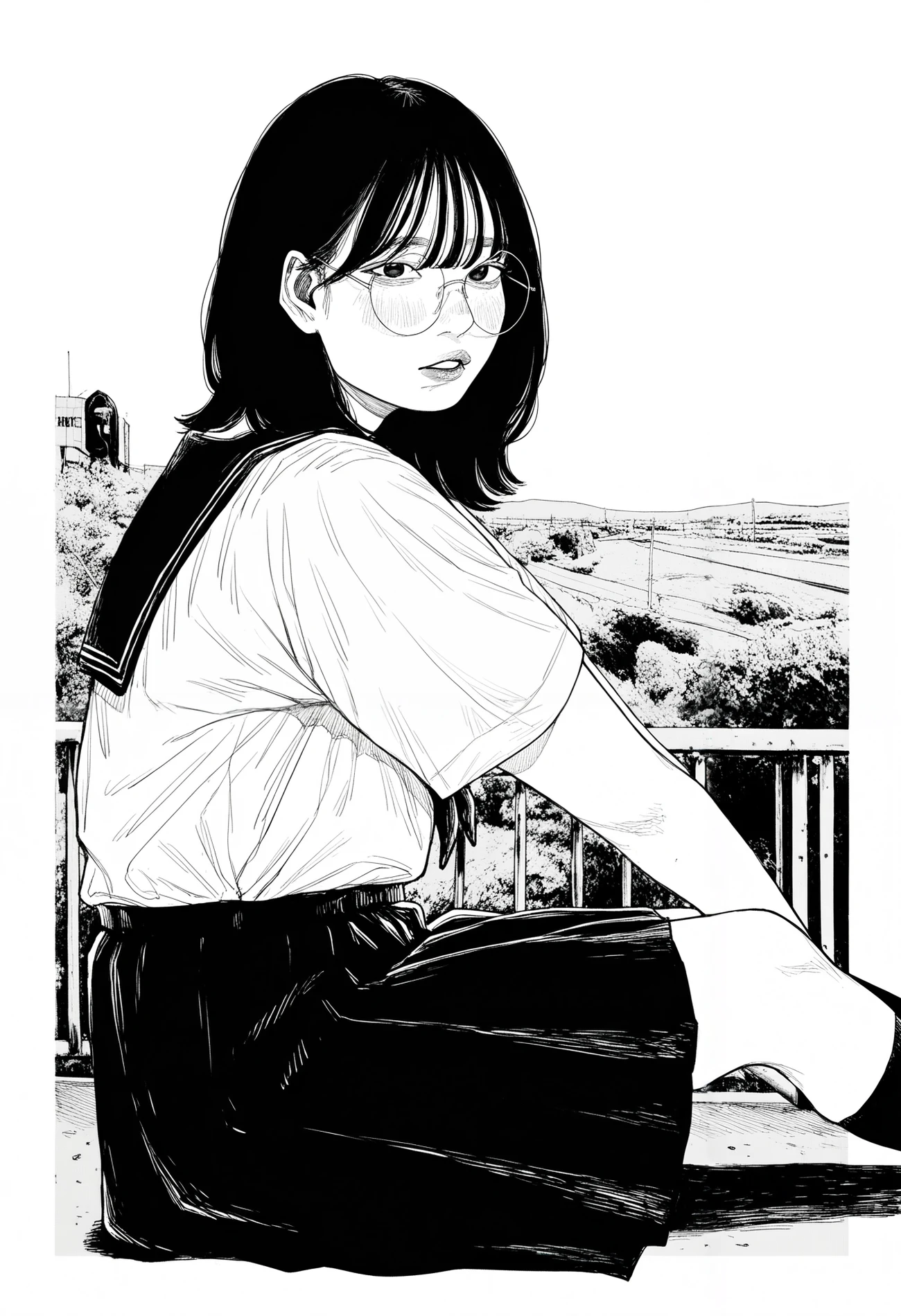 1girl, solo, medium hair, bangs, round eyewear, blush, 
school uniform, serafuku, white shirt, black skirt, black socks, 
sky, against railing, sitting, on floor, parted lips, looking at viewer,
from side, outside border,
masterpiece, best quality, amazing quality, absurdres, newest, monochrome, greyscale, realistic, 
<lora:owk_bsh_yy:0.8>