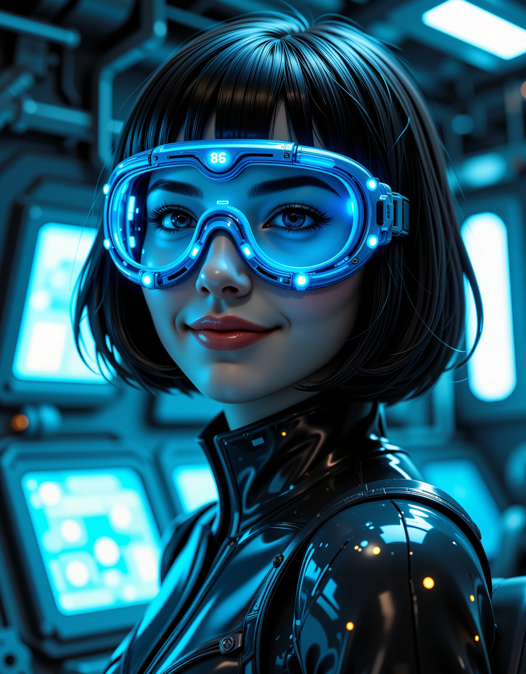 Portrait of a beautiful woman wearing big blue tech-goggles, covered in little lights and tubes. sci-fi goggle with visible glowing HUD. She has short black hair and is smiling at the viewer. The background is a futuristic spaceship interior. Surrealistic hyperreal render footage, tech demo, fine RTX global illumination. Sci-fi Aesthetic. Video game trailer scene. Cinematic post processing and color grading. The background is a dimly lit steel hull spaceship interior. Low lighting and windows that show space outside.