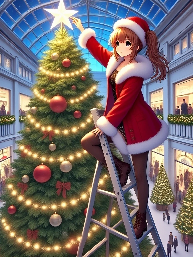 masterpiece, best quality, christmas tree with festive lights, 1girl on stepladder, hand on the star of tree top, brown hair, low ponytail, medium height, slim figure, cleavage, santa hat, fur-trimmed coat, miniskirt, stockings, boots, people, indoors, shopping mall, ceiling, day, <lora:girllikechristmastree_flux:1>