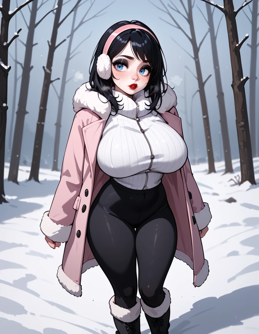 <lora:PonyXL - Mink - OC - Epoch 6:0.75> mink, 1girl, black hair, medium hair, pink hairband, blue eyes, lipstick, red lips, blush, makeup, black eyeshadow, breasts, large breasts, winter coat, heavy winter coat, pink coat, white fur trim, black leggings, snow boots, white earmuffs, snow, cold, tundra,, source_cartoon, score_9, score_8_up, score_7_up, score_6_up,