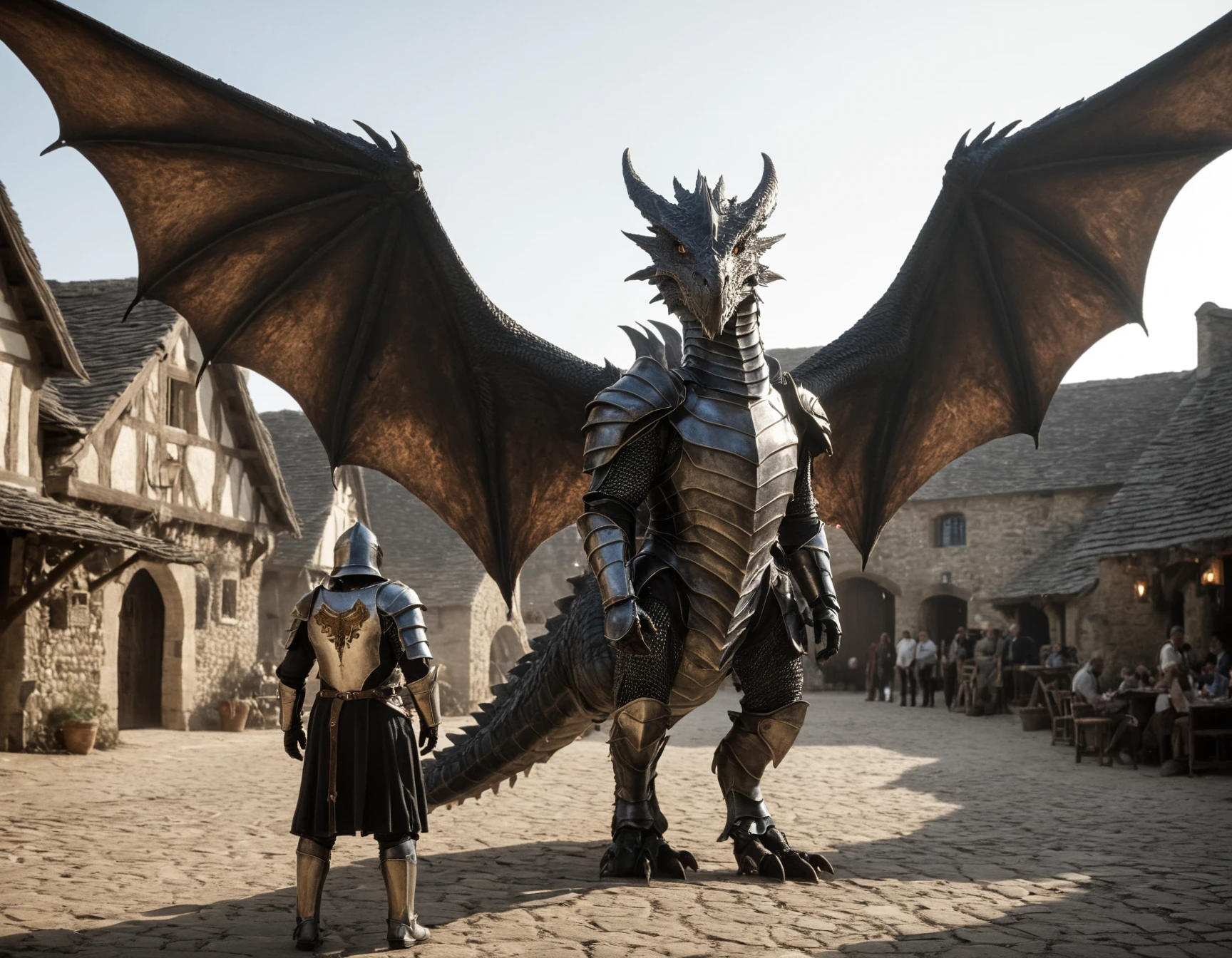 cinematic full shot of a huge dragon with wings and four legs, standing in a medeival village, there is a knight in armor in the foreground facing away from the viewer and out of focus, photorealistic, sharp focus, very detailed skin texture  <lora:Dinosaur_Practical_Effects-000004:1>