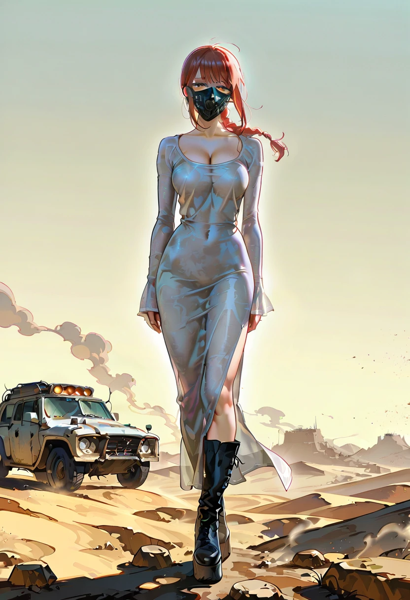 1girl,solo,looking at viewer,ikeda ruriko, desert, dust storm, sm dress, see-through,platform boots, mask, white dress, cleavage, black footwear, makima_(chainsaw_man),post-apocalypse,ground vehicle,