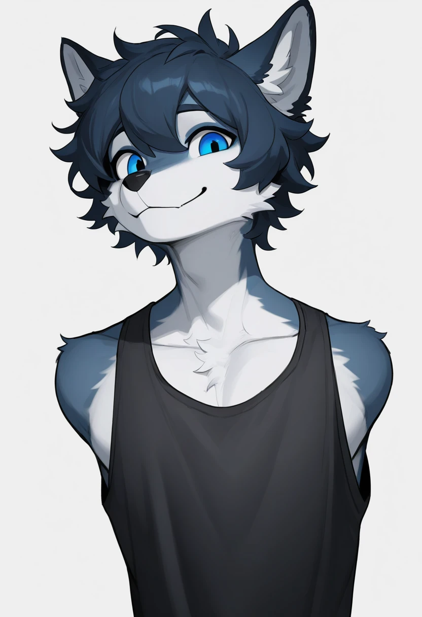 masterpiece, best quality, newest, absurdres, highres, mammal, anthro, furry, 1boy, solo, cute, blue eyes, messy hair, short hair, armless, smile, tank top, wolf,  <lora:armless_noobs_90_a_r16_fp16:1>