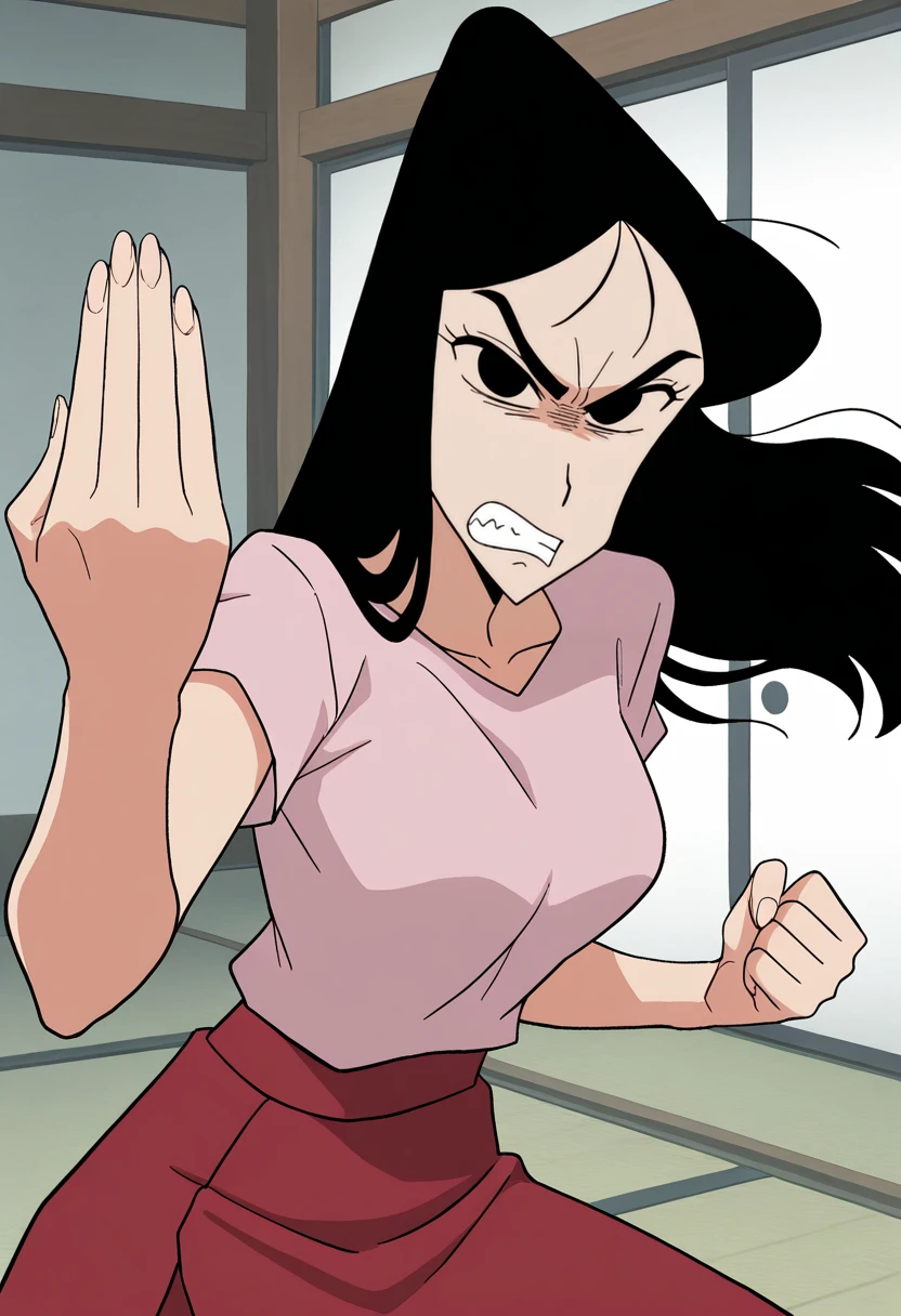 masterpiece, best quality, absurdres, highres, detailed background, 
 <lora:ume_matsuzaka_crayon_shin-chan:1> ume_matsuzaka, 1girl, black hair, long hair, black eyes, pink shirt, red_skirt, looking at viewer, angry, clenched teeth, big eyes, fighting stance,