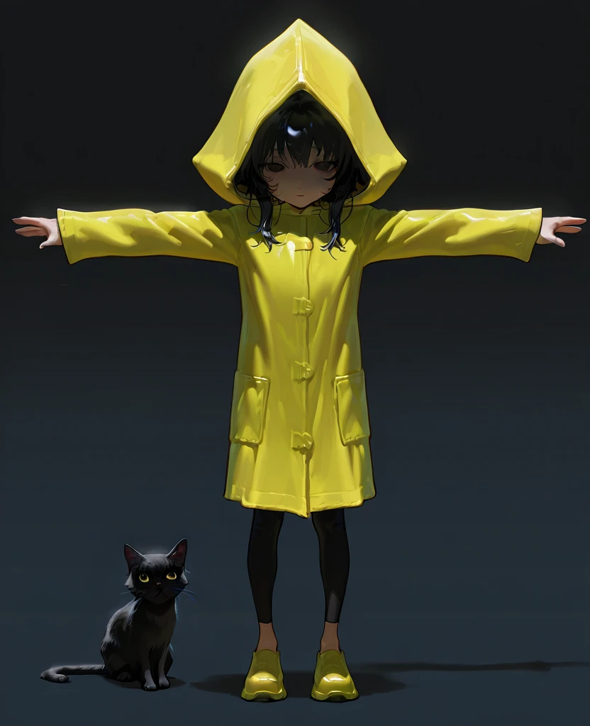 masterpiece, 1440p, 8k, UHD, amazing quality, high resolution, solo <lora:Six_Little_Nightmares_Illustrious:1> 1girl, black leggings, black hair, cat, full body, gradient background, horror \(theme\), outstretched arms, raincoat, simple background, six, solo, standing, yellow raincoat, hood down