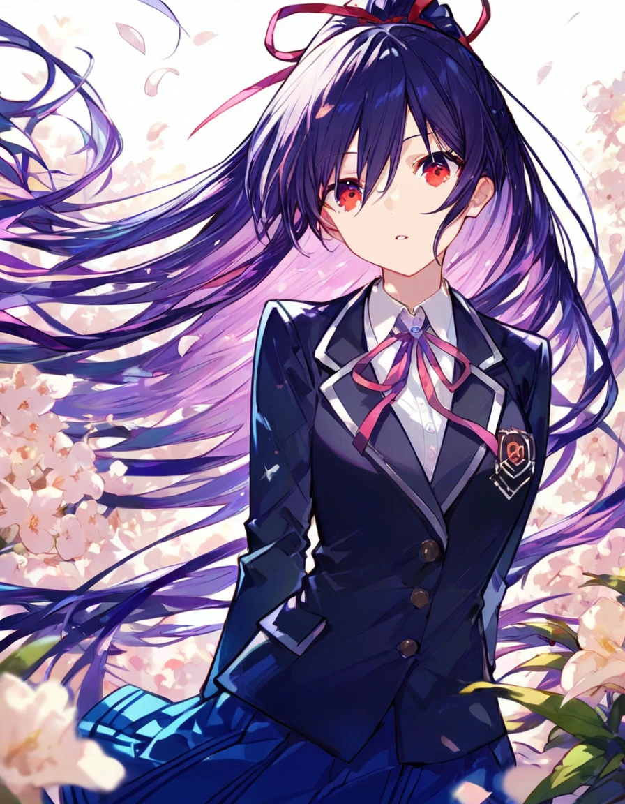 Tohka, 1girl, solo, long hair, looking at viewer, bangs, skirt, shirt, red eyes, long sleeves, ribbon, hair between eyes, very long hair, school uniform, jacket, hair ribbon, white shirt, ponytail, flower, purple hair, pleated skirt, parted lips, collared shirt, red ribbon, blue skirt, black jacket, petals, dress shirt, neck ribbon, floating hair, blazer, pink ribbon, white flower