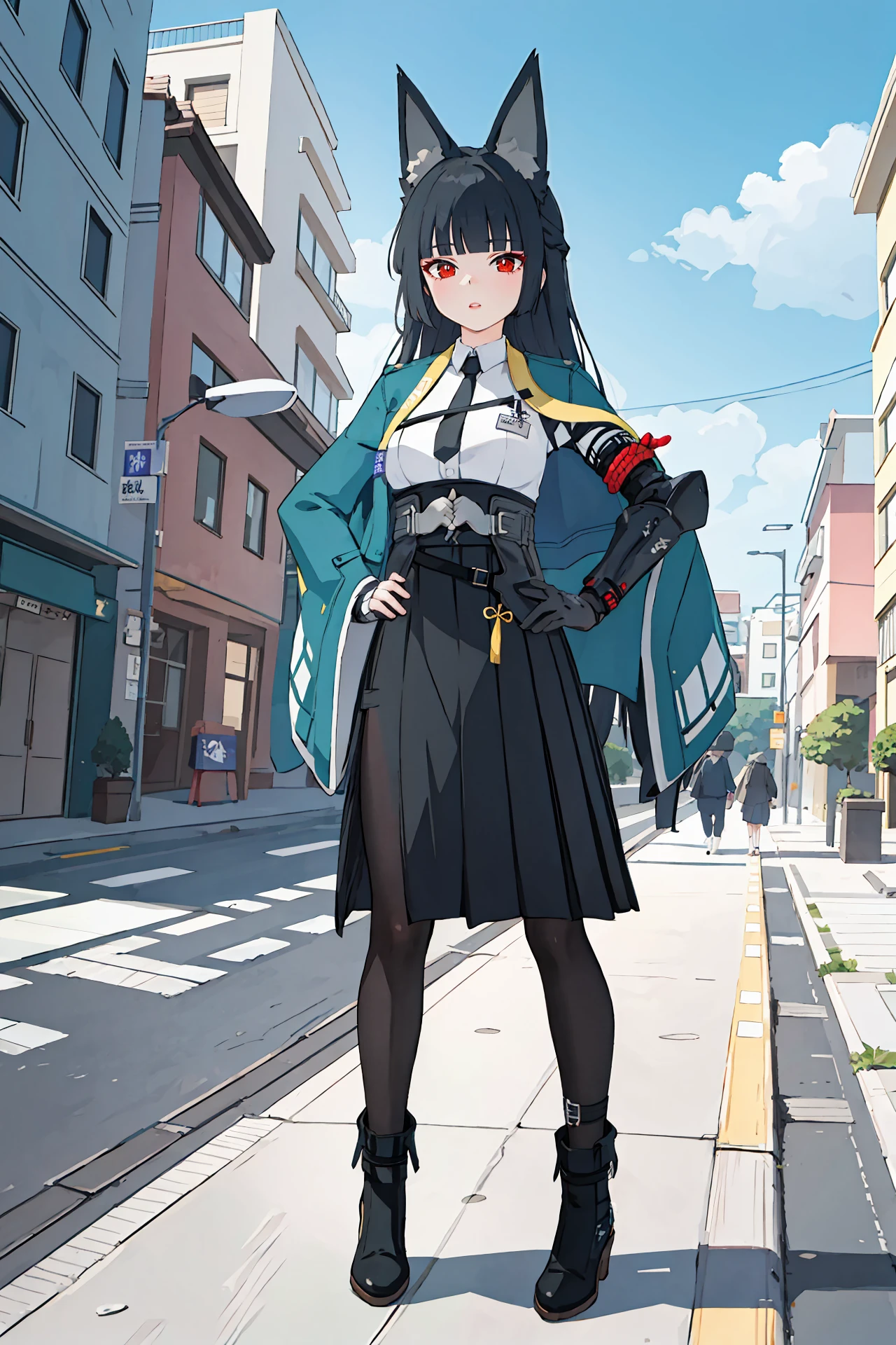 1girl, hoshimi miyabi, solo, black pantyhose, hakama short skirt, fingerless gloves, white collared shirt, aqua jacket, single mechanical arm, arm out of sleeve, black necktie, ankle boots, anklet, full body, standing, parted lips, looking at viewer, hand on hip, outdoors, street