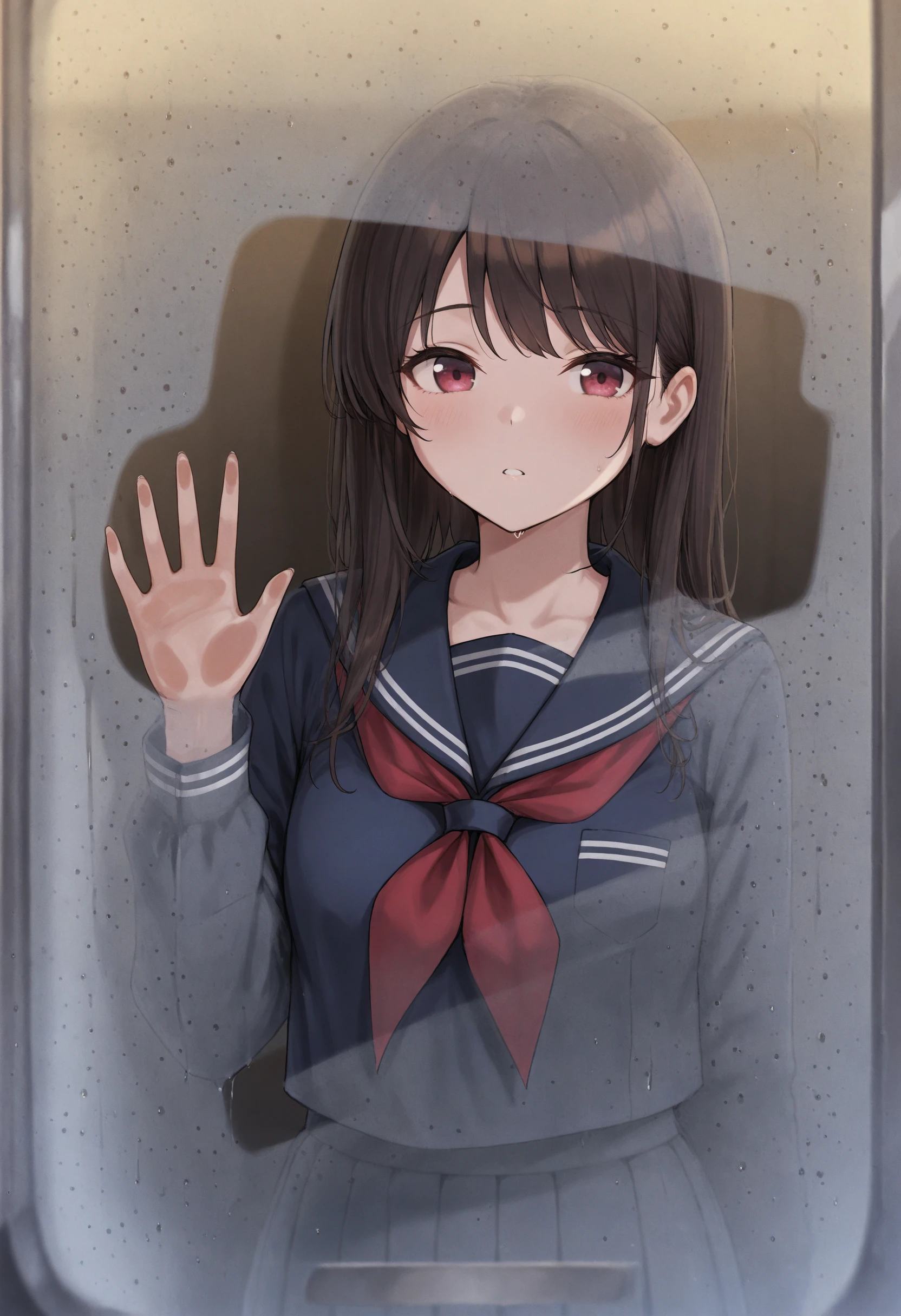 masterpiece, best quality, absurdres, safe
1girl, condensation, hand on glass, blurry
serafuku, school uniform, pleated skirt
<lora:glass_fog_wiping_il_d32:1>