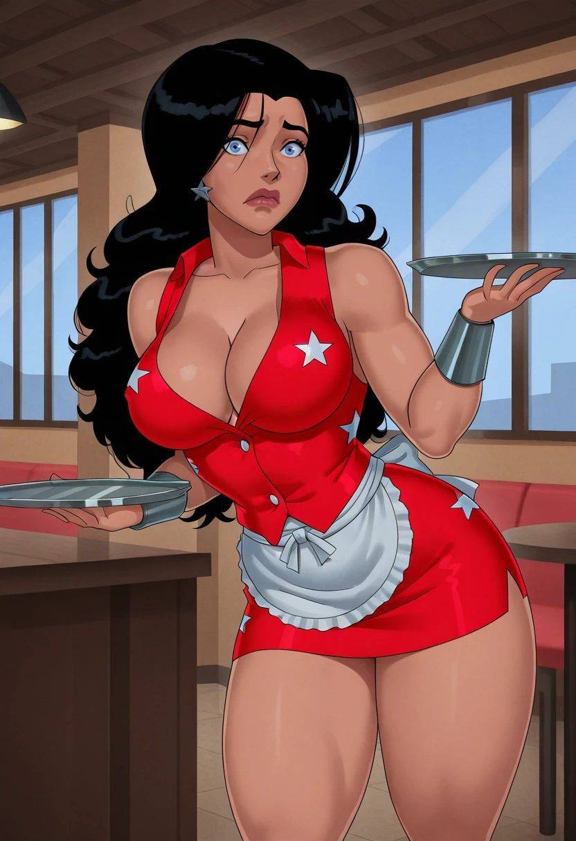 masterpiece, highres, <lora:Donna_Troy_-_Something_Unlimited:1>, Donna Troy, 1girl, lips, long hair, black hair, blue eyes, looking at viewer, concerned, frown,
, cleavage, (red star print vest with buttons), thighs visible, (white apron), mini skirt, waitress holding a serving tray , (restaurant), (restaurant background booths and a big window showing outside scenery)