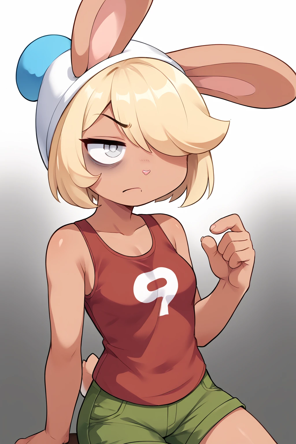 digital media (artwork), hi_res, score_9, score_8_up, score_7_up, score_6_up, score_5_up, score_4_up, BREAK,  <lora:Moody:1> BBMoody, lagomorph, anthro, blonde hair, brown body, brown fur, short hair, hair over eye, grey eye, red tanktop, green shorts, beanie, bored expression