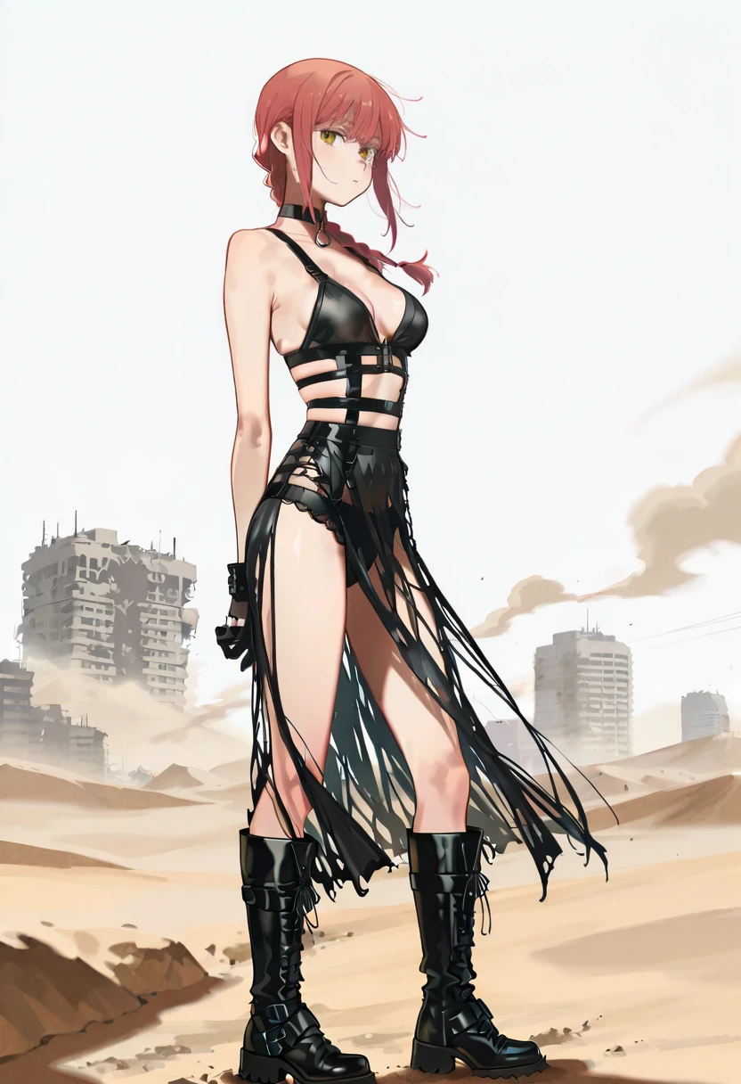 1girl,solo,looking at viewer, desert, dust storm,post-apocalypse, harness dress, gloves, underwear, choker, panties, boots, makima_(chainsaw_man), annin musou