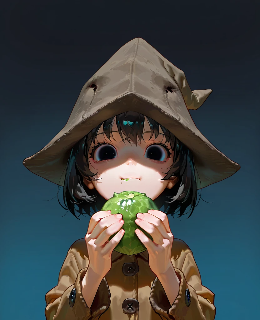 masterpiece, 1440p, 8k, UHD, amazing quality, high resolution, solo <lora:Six_Little_Nightmares_Illustrious:1> 1girl, black hair, short hair, cat, gradient background, horror \(theme\), jumper, six, solo, upper body, gnome hat, eating riceball