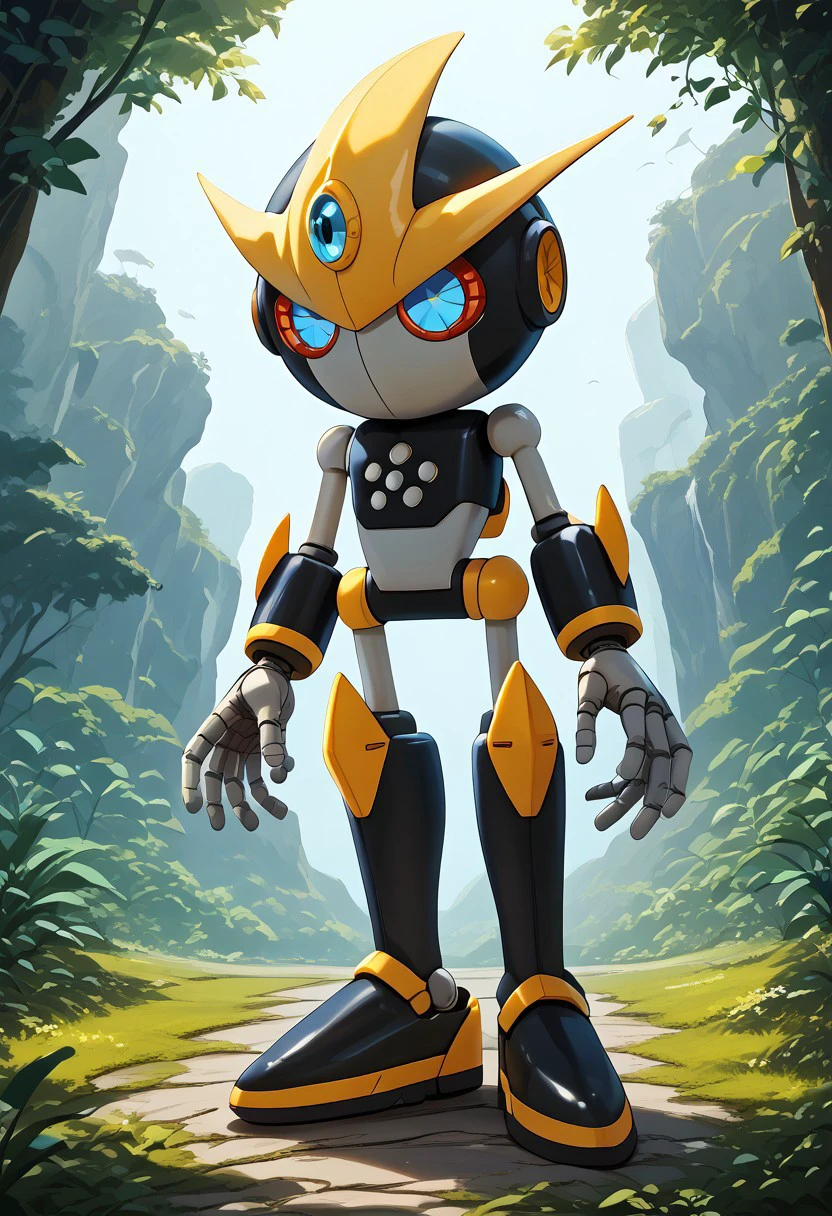 score_9, score_8_up, score_7_up, (best quality:1.1), ultra-detailed, high resolution, 8k, ((tall, 6ft tall, long limbs)), Gemerl, black robot, fin-like yellow kneecaps, fin-like yellow forearms, spherical head, blue eyes with red rims, curved yellow horn, blue forehead gem, black joints, skinny, BREAK outside, Rich, Detailed background, ambient light