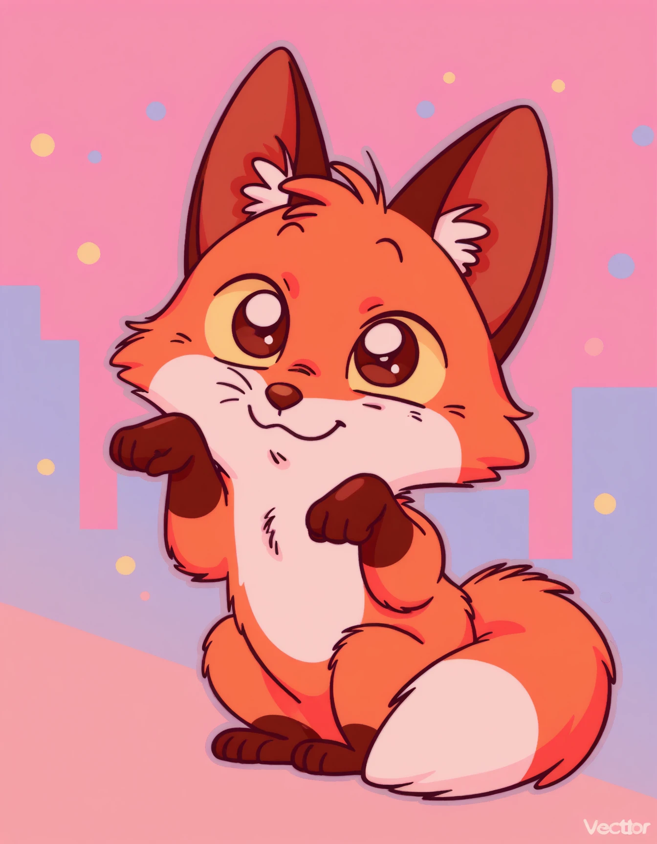 girl, fox, solo
Pappy, orange fur, brown nose, yellow sclera, tail, :3, smile, paw pose, pastel colors, pink theme, 80's theme, city pop, colorful, thick outline, vector graphics, abstract background
 <lora:Pappy_v1_illustriousXL:0.9>