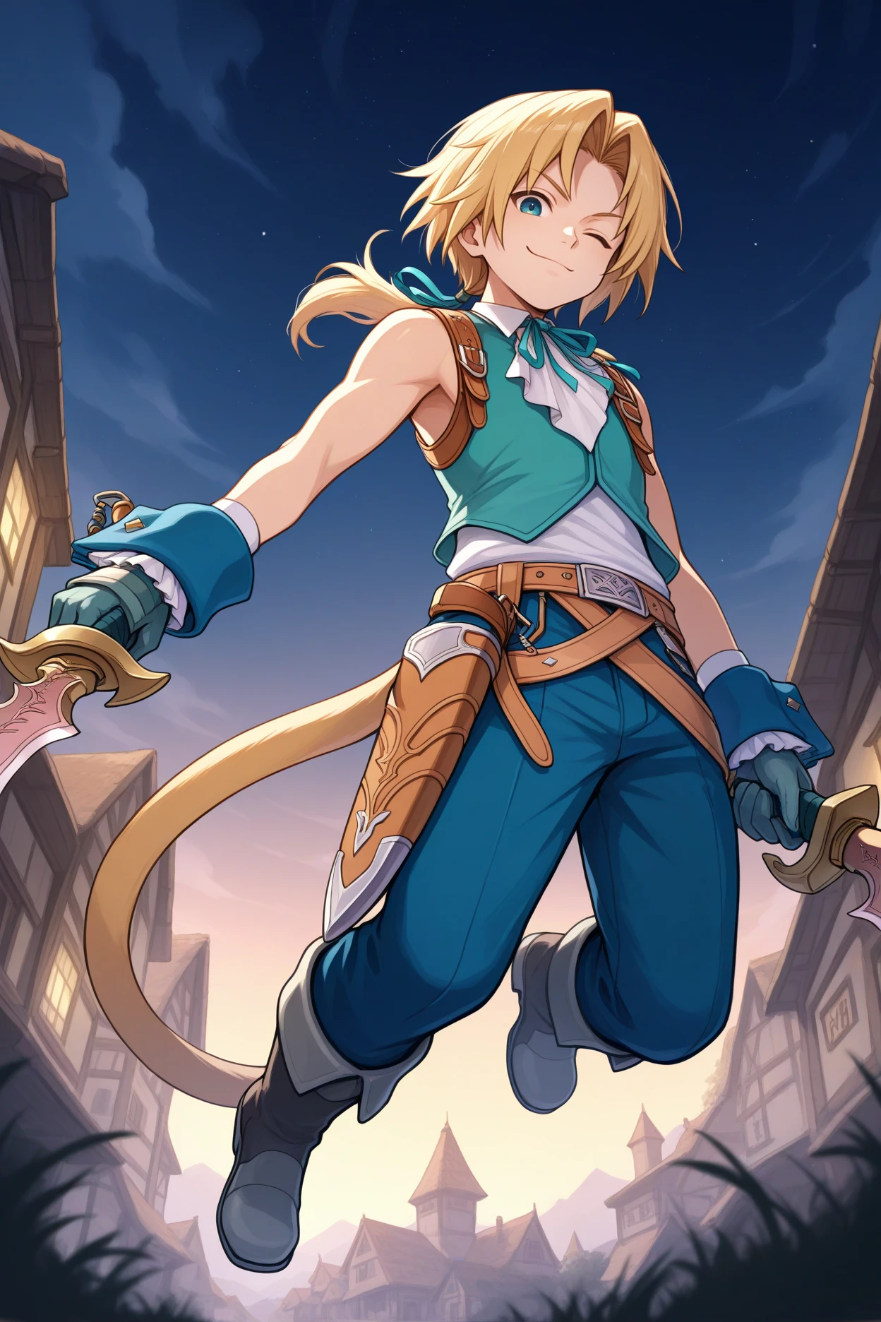 masterpiece, best quality, 1boy, solo, male focus,  <lora:ffzidane-illu-nvwls-v1-000005:1> z1d4ne, blonde hair, parted bangs, low ponytail, blue eyes, tail, white shirt, sleeveless shirt, white shirt, white ascot, neck ribbon, blue vest, gloves, wrist cuffs, belt, blue pants, boots, full body, night sky, village, holding two daggers, smirk, wink, looking at viewer, from below, jumping, holding dagger, dual wielding