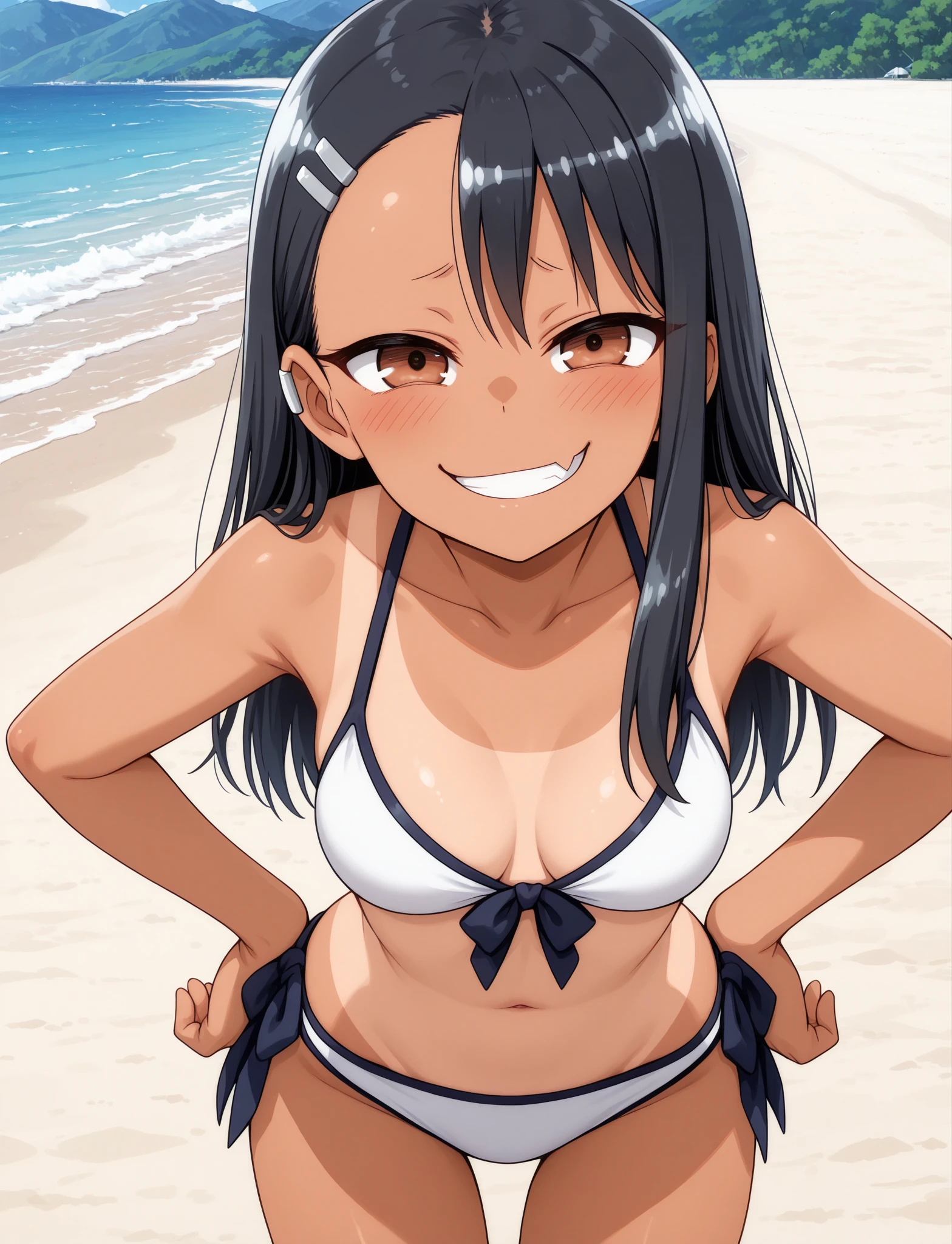 masterpiece, best quality, very aesthetic, 1girl, solo, <lora:nagatoro-multi-outfit_ILL_epoch_10:1.0>
nagatoro hayase, brown eyes, dark-skinned female, tan, black hair, hairclip, earclip, hair ornament, long hair, skin fang, 
outfit-bikini, white bikini, bikini,
extra-tanlines, one-piece tan, tanlines,
outdoors, beach, cowboy shot, looking at viewer, hands on own hips, medium breasts, furrowed brow, smirk, leaning forward,