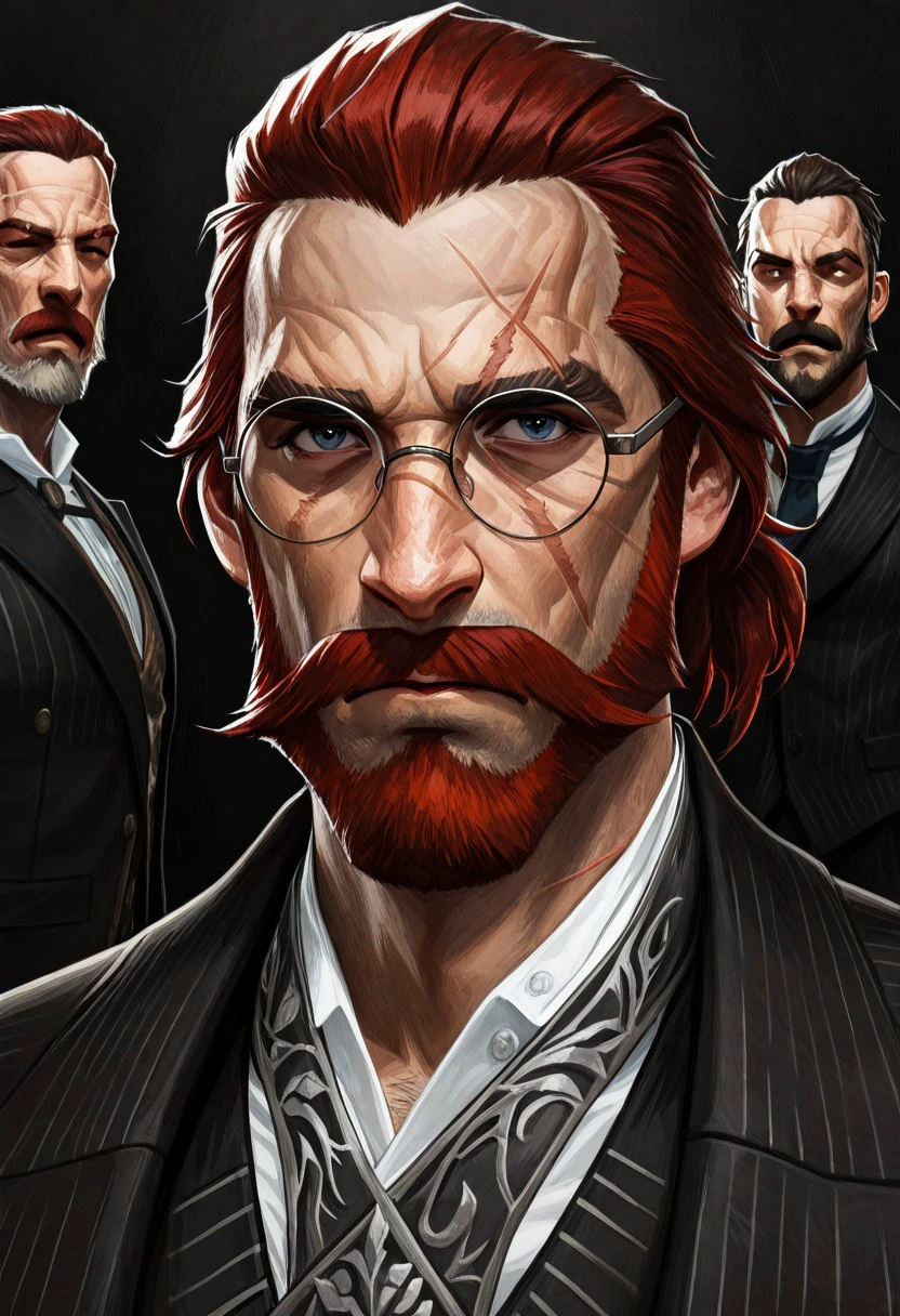 masterpiece, best quality, newest, absurdres, highres, Cedric-Peyravernay-D4/Dishonored-Art-V1.0, solo, solo focus, 1boy, glasses, red hair, suit, round glasses, beard, facial hair, mustache, scar, scars on face