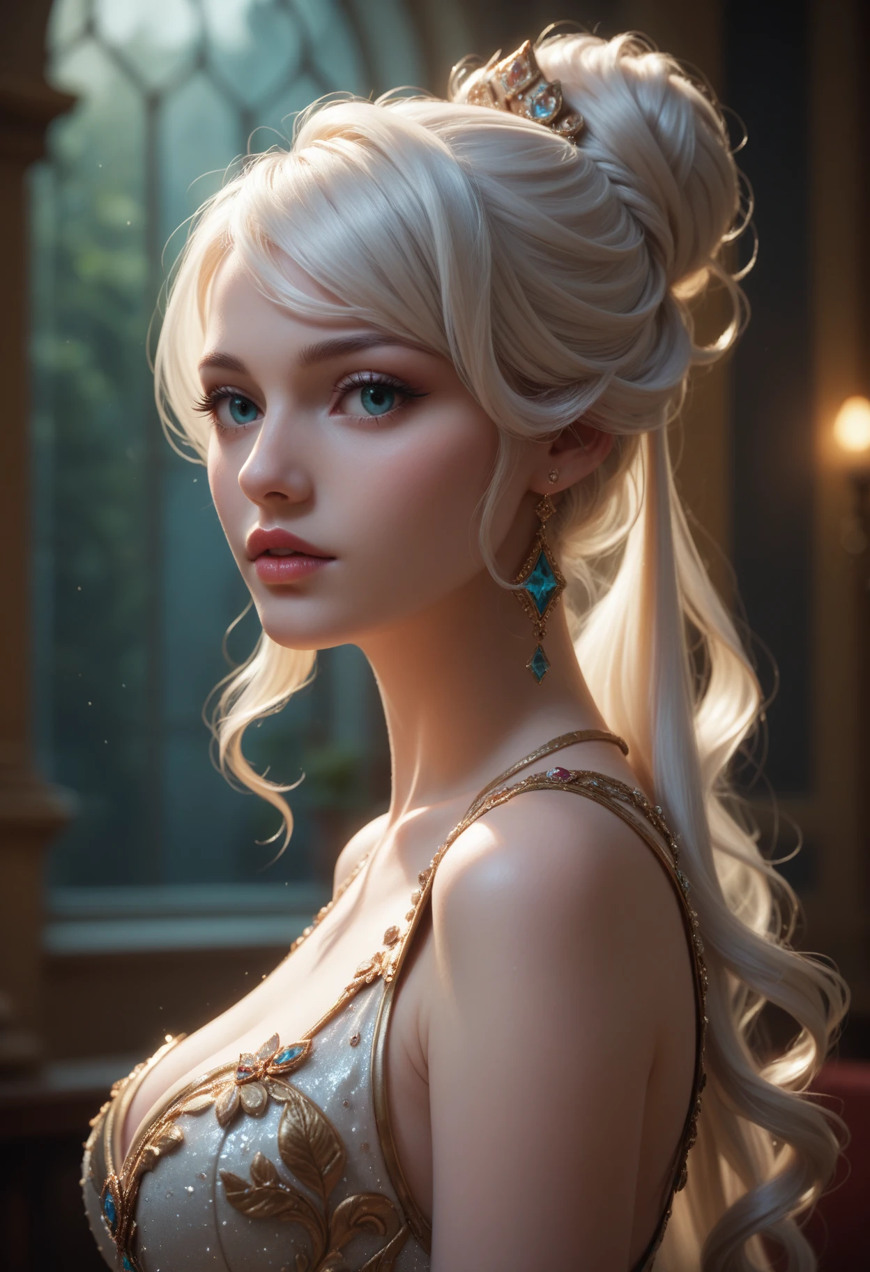 score_9, score_8_up, score_7_up, score_6_up,
woman, solo, gorgeous, long white hair, updo, side bangs, parted full lips, long shimmering dress, color gradients.
Extremely realistic, detailed, fine texture, fine details, incredibly lifelike