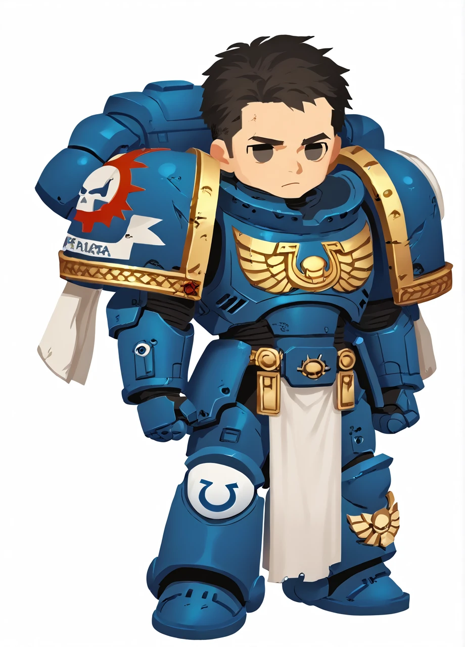 <lora:WH40K_Titus-PONY:0.8> <lora:Style_RizuNM-PONY:0.8> rizunm_style, whtitus, black hair, black eyes, solo, ultramarine, emblem, pelvic curtain, pauldrons, power armor, full body, white background, chibi, score_8_up, score_7_up, score_6_up, score_5_up, score_4_up,