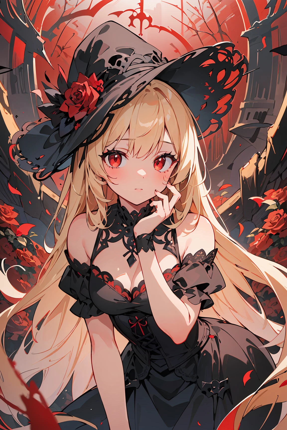 masterpiece, best_quality, absurdres, hdr, 8k, intricate_details, ((Red theme):1.3), (Stunning illustration of a girl.:1.5),long_hair, headwear, masterpiece. anime. bewitching color, depth of field, soft lighting, sharp focus. The scene is a dark, gothic setting with a mysterious young woman at its center. She has long, platinum-blonde hair, black lace accessories, and a steampunk eyepiece. Her expression is calm yet eerie. She wears an ornate black dress with roses, lace, and corset elements, merging into dark, angular shapes resembling twisted metal and thorns. Black butterflies surround her, symbolizing death or transformation, surrounded by shadows and decaying wings. The background features a dimly lit gothic structure with skulls, dark crosses, and fragmented puzzle pieces, creating a surreal and disturbing atmosphere. The lighting is soft and cold, with a color scheme of black, deep reds, metallic grays, and occasional red and black highlights,The art style is rich in gradients of black and red, with smooth, defined lines and soft, radiant lighting that add depth and elegance, giving the scene a mystical, divine quality,(close-up:1.1),(leaning_forward,hand_on_own_cheek:1.3), art by Harold Elliott