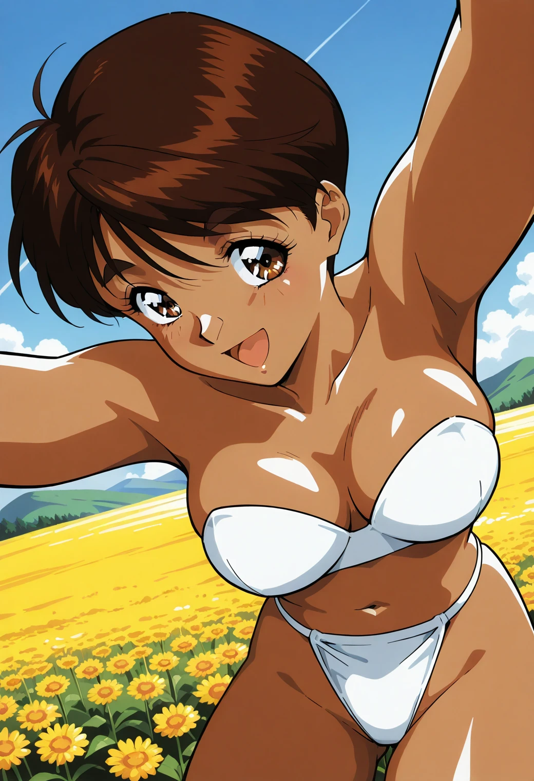 sr5_mizuki, retro artstyle, dark skin, dark-skinned female, thick eyebrows, brown eyes, brown hair, short hair, white bra, strapless, white panties, <lora:SR5_mizuki_illustrious_ver1:0.8> 
smile, open mouth,, masterpiece, best quality, general,, 1girl, solo, (field:1.2), (blue sky:1.2), looking at viewer,, (cowboy shot, dynamic pose:1.4),