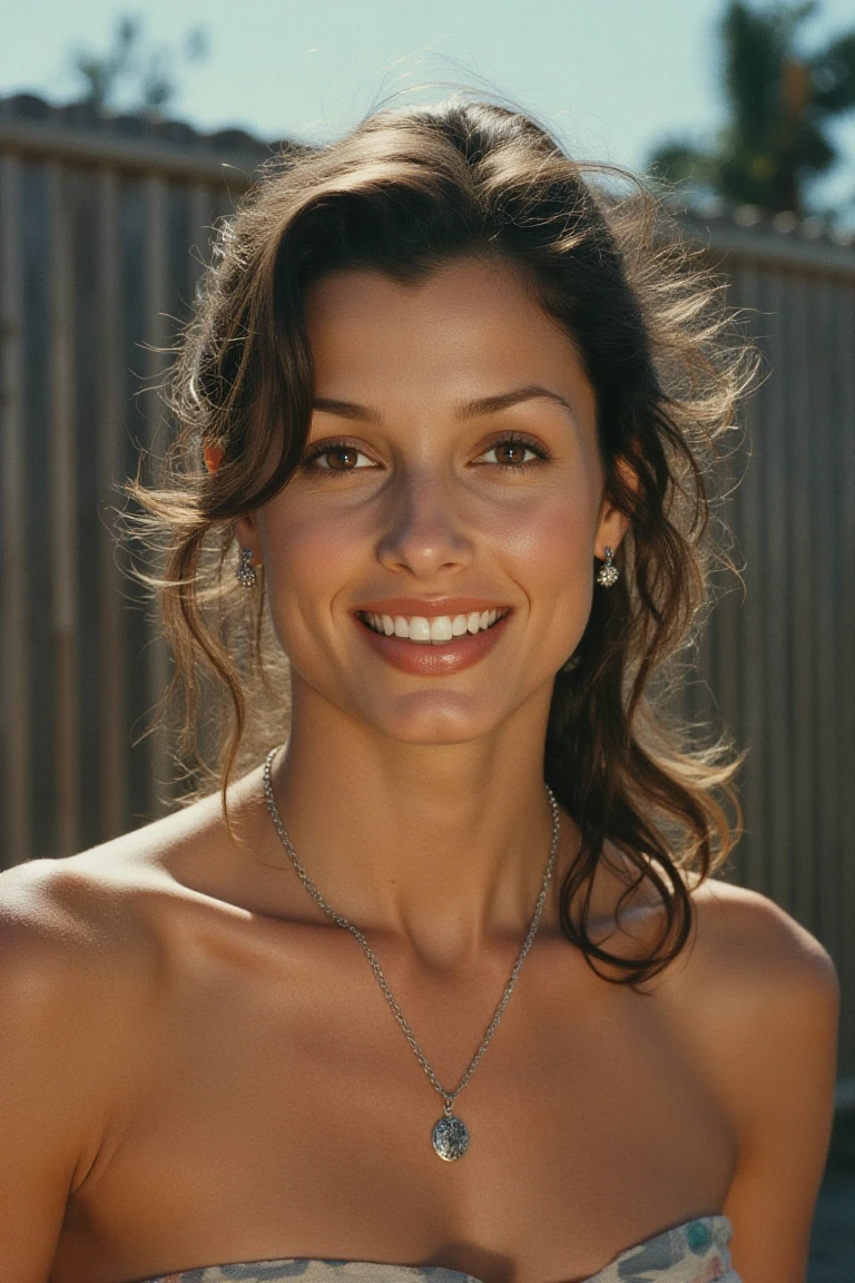 analog film shot of a woman with medium, wavy hair and dark brown eyes. She is smiling, her lips are slightly parted, and she is wearing a silver necklace with a silver pendant. The woman's hair is pulled back in a ponytail. The background is blurred, but it is a sunny day, and there is a wooden fence in the background.