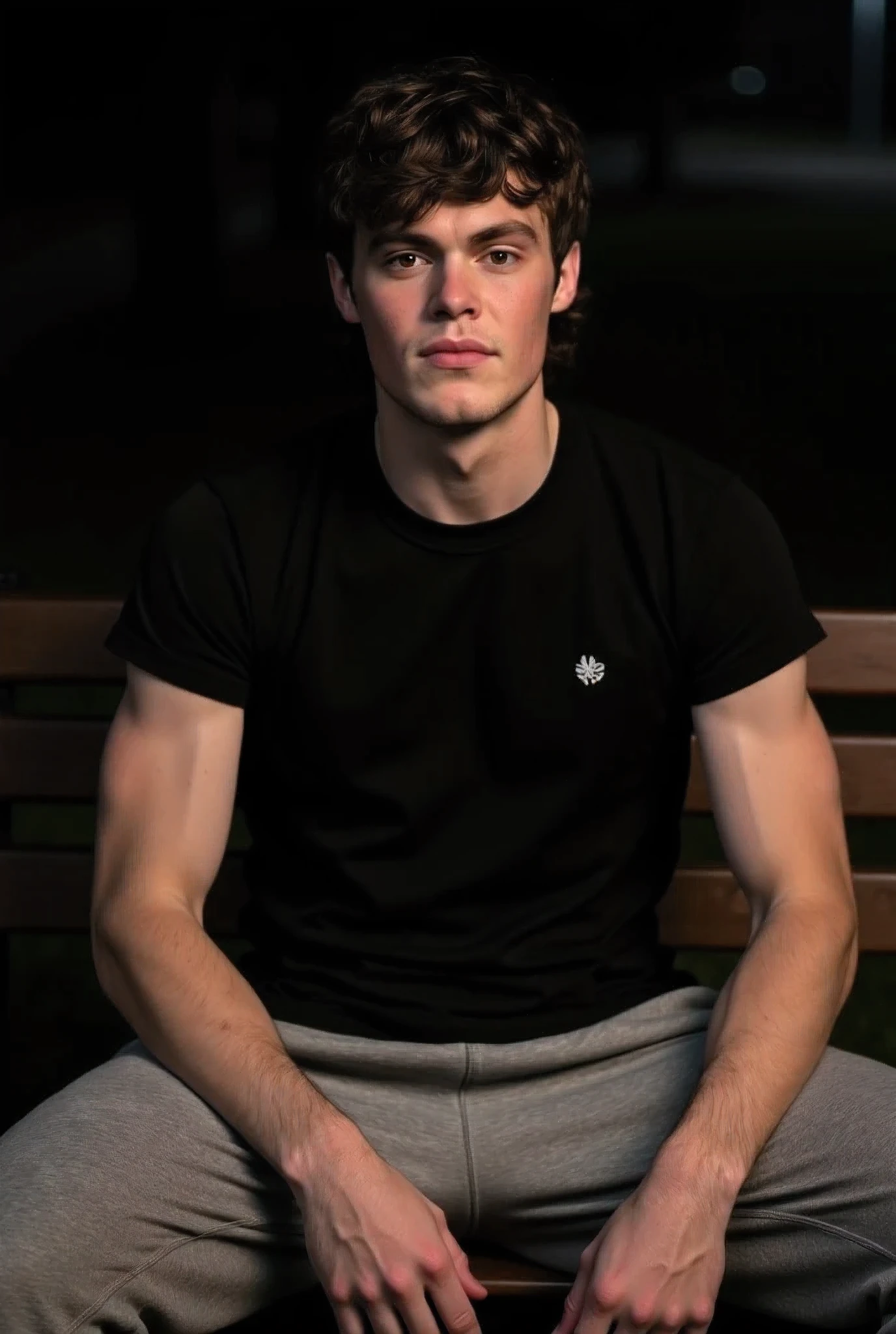 Jack Champion. This is a high-resolution photograph of Jack Champion he has fair complexion and short, dark, modern wavy hair that frames his face. He has a fit, toned build. He is sitting in a park at night, leaning back into the park bench, with his legs spread wide open. The atmosphere is dark. He is wearing a black tee shirt, and grey sweatpants.