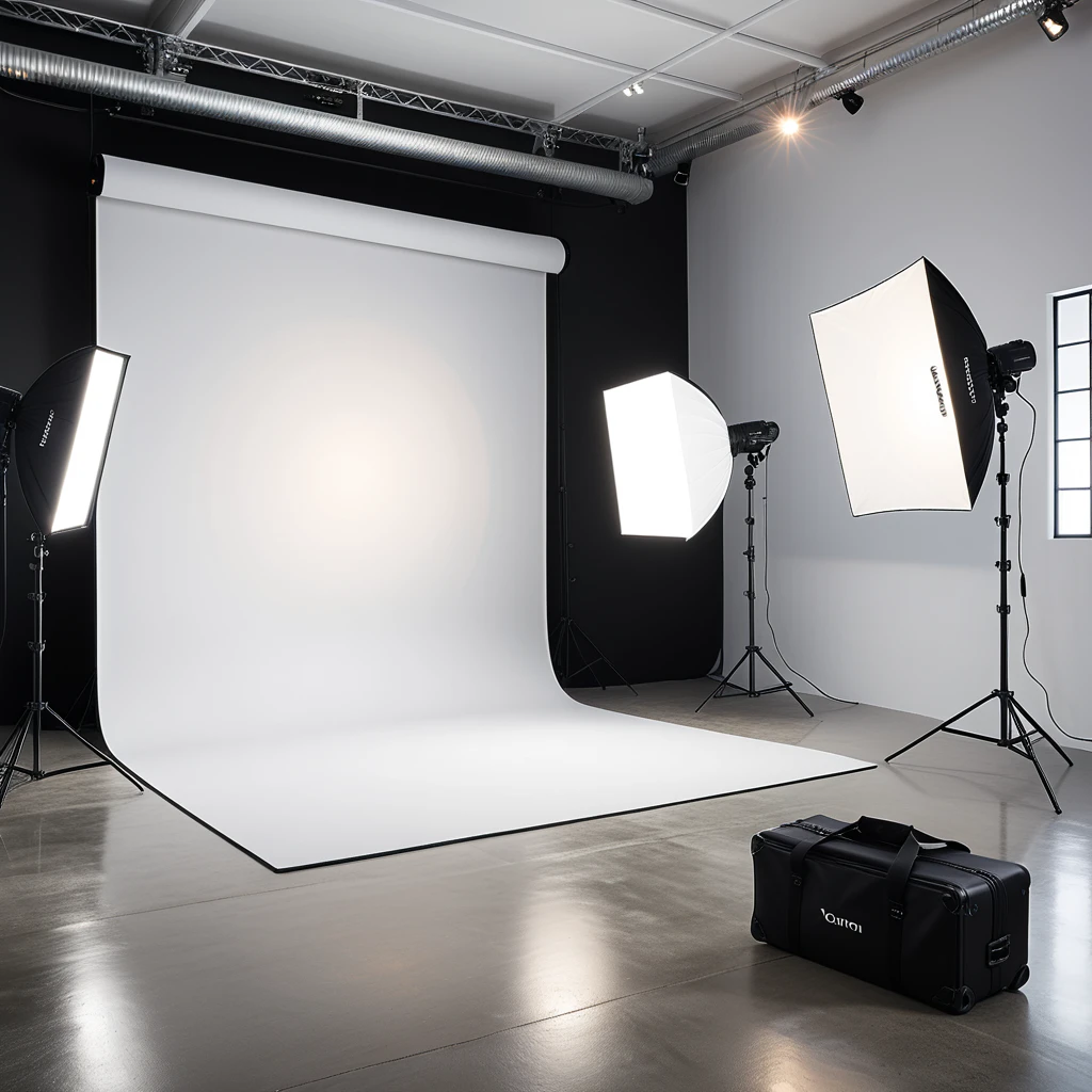 A professional photography studio with a clean, modern design. The room has smooth white walls and a polished concrete floor. A large white backdrop extends across one wall, seamlessly curving into the floor to create an infinity effect. Positioned directly in front of the backdrop is a high-end DSLR camera mounted on a sturdy black tripod, aimed toward the scene for shooting. The camera has a visible lens and adjustment dials, indicating a professional setup. On either side of the backdrop are two large softbox lights mounted on adjustable stands, emitting a soft, even glow. In the background, there are black equipment cases stacked neatly against the wall, adding to the organized workspace. The overhead fluorescent lights illuminate the space evenly, and faint reflections of the setup can be seen on the smooth floor. The overall atmosphere is bright, clean, and professional, emphasizing functionality and creative potential.
<lora:SDXLFaeTastic2400:0.4> <lora:extremely_detailed:0.4> extremely detailed, Masterpiece,best quality,hi res,8k,hi res,8k,award winning,(sharp focus, intricate, highly detailed),