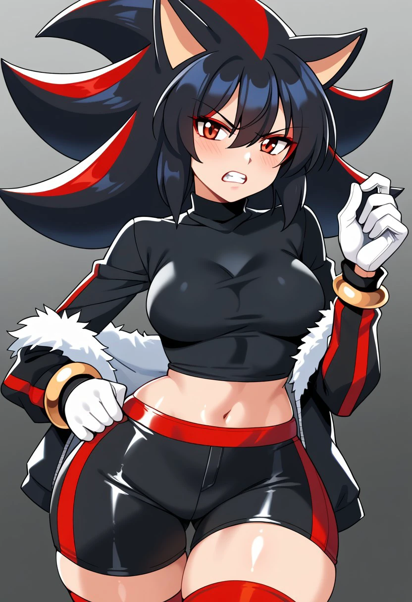 score_9, score_8_up, score_7_up, , shiny skin:0.1, source_anime , deep skin,, high quality, highres, , 1girl, (curvy), ((wide hips)), medium breasts, thick thighs, cute, , sexy, , ShadowGijinka, 1girl, big hair, black hair, red highlights, red eyeshadow, hedgehog ears, hedgehog tail, red eyes, spiked hair, hair between eyes, sidelocks, gold bracelets, white gloves, black turtleneck, long sleeves, shirt, white fur trim, black shorts, biker shorts, red stockings, angry, solo