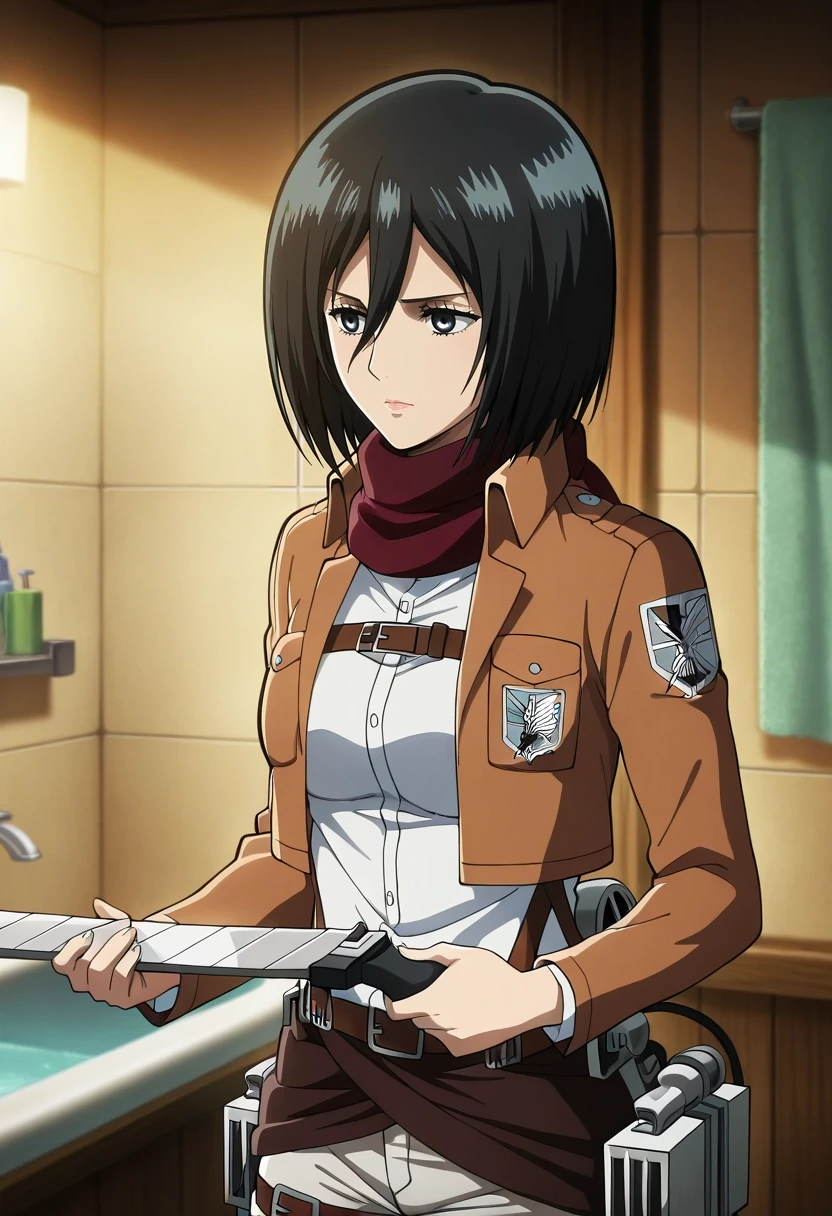 masterpiece, best quality, intricate details, anime screencap, , official style, , , 1girl, solo, <lora:mikasa_ackerman_ilxl:0.98>, mikasa_ackerman, black hair, black eyes, hair between eyes, long hair, scarf, jacket, paradis military uniform, three-dimensional maneuver gear, focused, bathroom, light, holding instrument, relaxed,