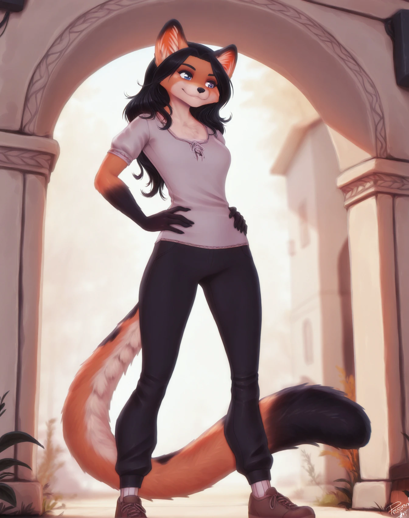 <lora:_Personalami_NAIXL-000025:1> art by Personalami, artist:Personalami, best quality, masterpiece, source_anime, 1girl, solo, long hair, smile, blue eyes, shirt, black hair, animal ears, closed mouth, standing, tail, full body, short sleeves, shoes, socks, pants, artist name, black pants, brown footwear, furry, grey shirt, furry female, body fur, animal nose