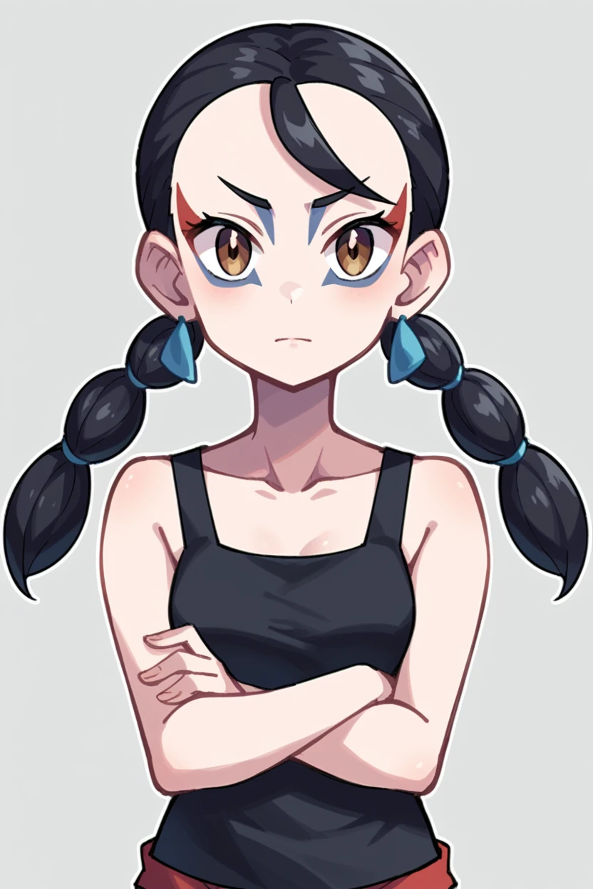 score_9, score_8_up, source_anime, BREAK 1girl, solo, <lora:Clover_Pokemon_Legends_Arceus:1>, clov3r, facepaint, twintails, earings, black tank top, red shorts, looing at viewer, arms crossed,