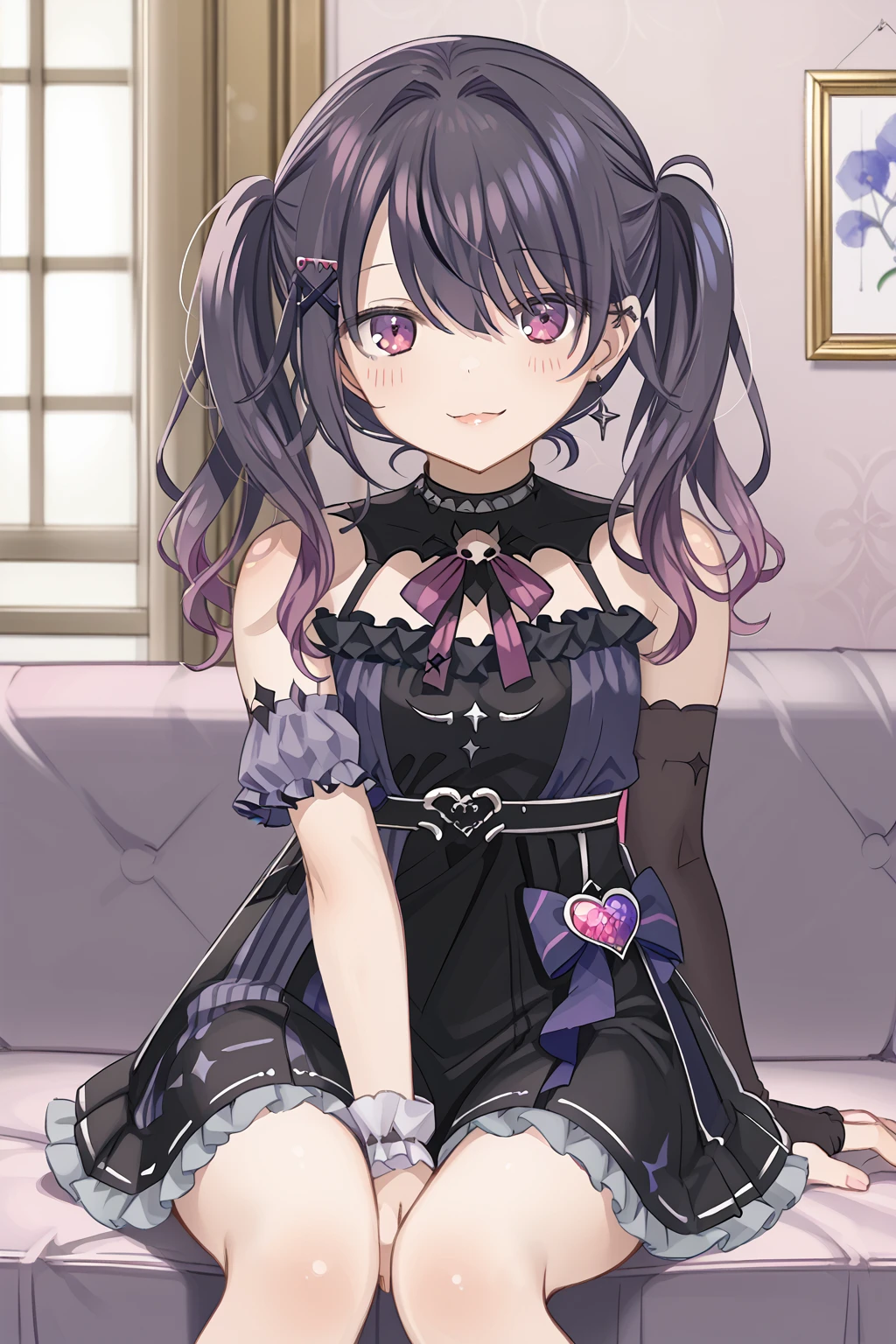 1girl, solo,
Amane Amu, 1girl, solo, twintails, black dress, single elbow glove,
indoors, looking at viewer, sitting, smile, cowboy shot,  <lora:çé³ãã_Amane_Amu_ããªãã«ã_Neo-Porte_Vtuber:1> <lora:Mankai_Kaika_PonyXL_style_v02:0.85>