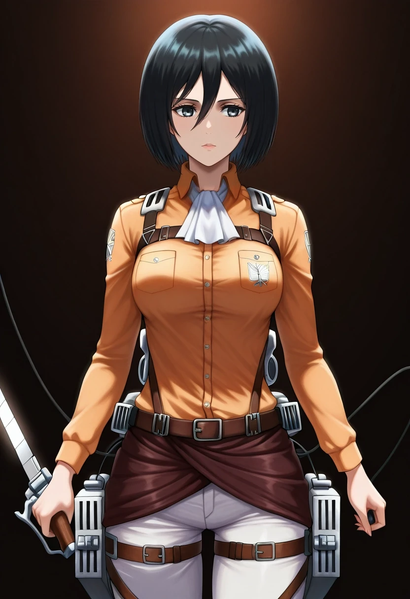 masterpiece, best quality, intricate details, , , , 1girl, solo, <lora:mikasa_ackerman_ilxl:0.98>, mikasa_ackerman, black hair, black eyes, hair between eyes, short hair, , three-dimensional maneuver gear, , Dress pants, Pique polo shirt, , Ascot cap, and