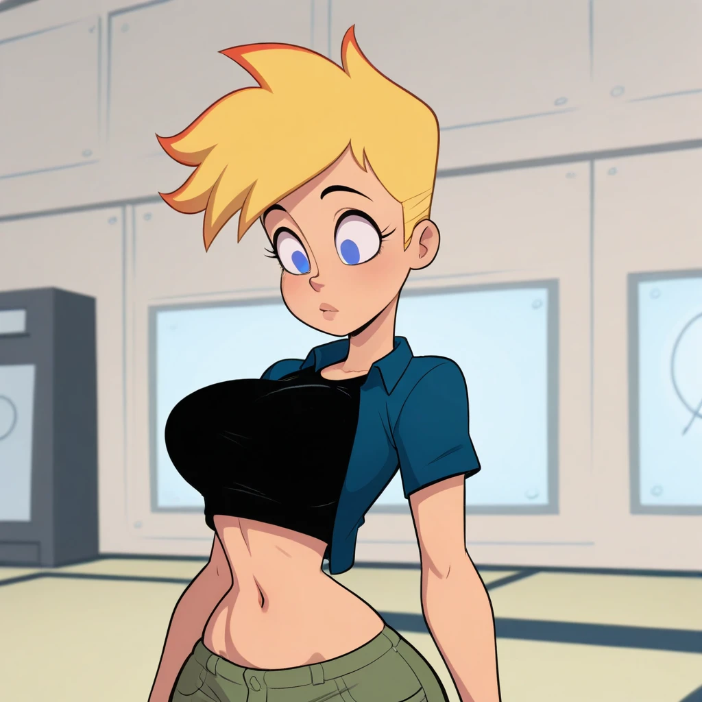 masterpiece, best quality, jennyTest, 1girl, solo, blonde hair, blue eyes, black shirt, blue jacket, short sleeves, midriff, upper body, <lora:JennyTest_illustrious_Leaf6:1>, arms at sides, indoors,