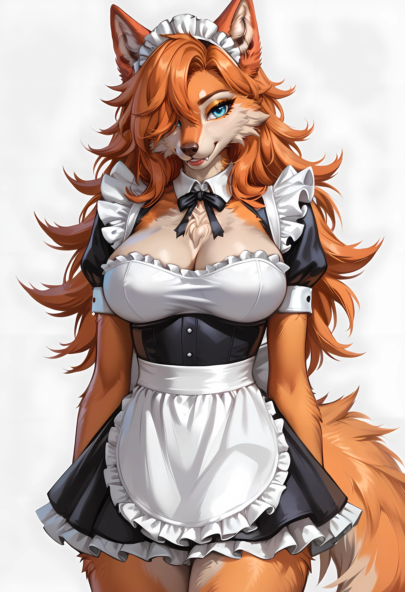 score_9, score_8_up, score_7_up, score_6_up, Masterpiece, source_anime, (anthro woman, anthropomorphic, furry, werewolf, orange fur, body fur, tuft, fluffy, wolf ears, wolf tail, snout), pretty, beautiful, slim, curvy, orange hair, long hair, straight hair, hair intakes, hair over right eye, mint colored eyes, eyeliner, lips, smile, large breasts, wide hips, maid dress, maid outfit, maid skirt, neutral background, vivid colors, shiny and glossy, anime style, high-res, beautiful aesthetic, very intricate, high-quality details, vibrant, highly detailed, award-winning, professional,  <lora:DetailedFur:0.8>,