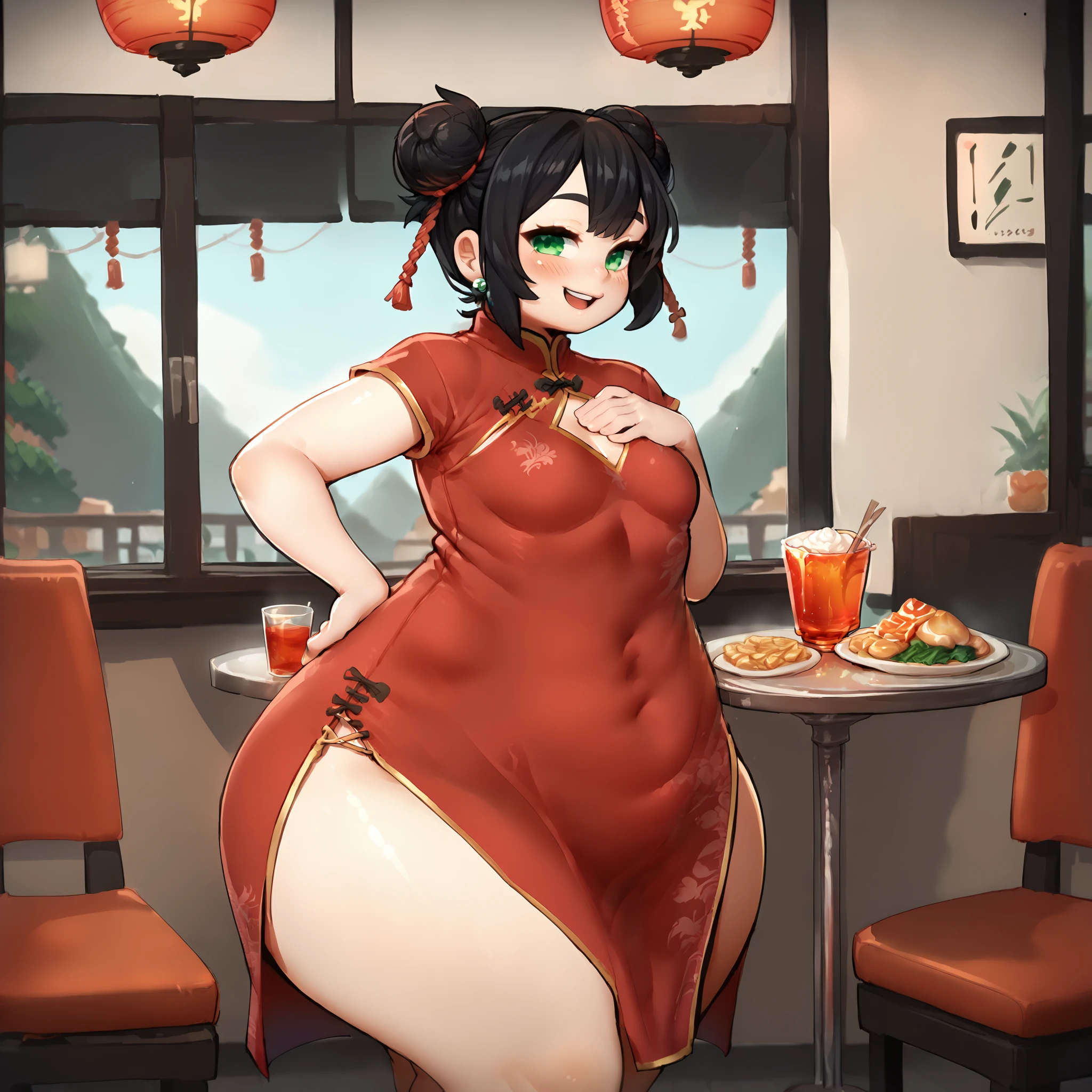 (masterpiece), best quality, (highly detailed), score_9, score_8_up, score_7_up, score_6_up, score_5_up, 1female, solo, <lora:Ichika_style:0.8>, red chinese dress, black hair, hair buns, green eyes, wide hips, thick thighs, restaurant, <lora:TeardropBody-tdb-PonyXLLoCon-vp2-WT:1> , tdb, bottom heavy, smile, small breasts, hand on chest, hand on hip, plump,