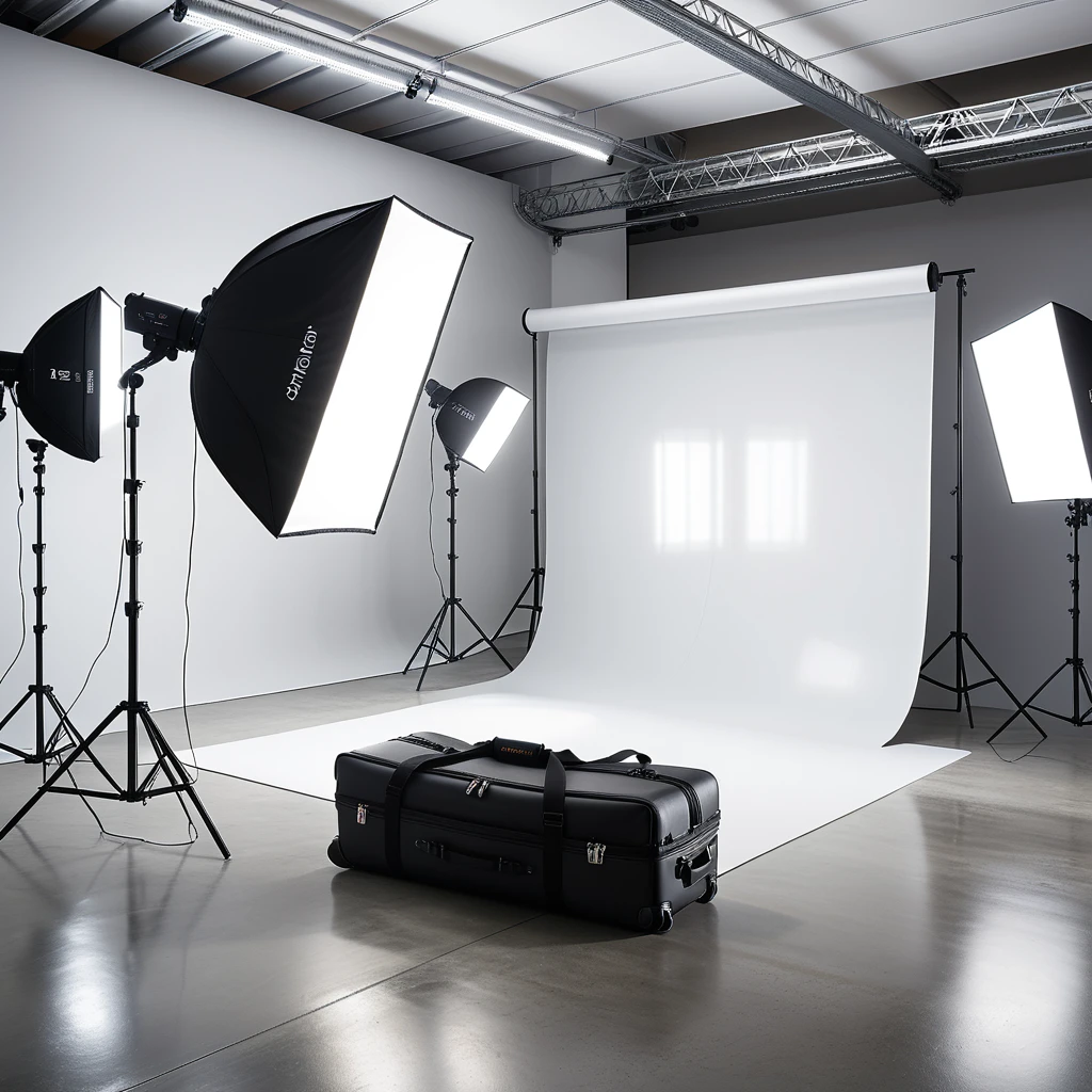 A professional photography studio with a clean, modern design. The room has smooth white walls and a polished concrete floor. A large white backdrop extends across one wall, seamlessly curving into the floor to create an infinity effect. Positioned directly in front of the backdrop is a high-end DSLR camera mounted on a sturdy black tripod, aimed toward the scene for shooting. The camera has a visible lens and adjustment dials, indicating a professional setup. On either side of the backdrop are two large softbox lights mounted on adjustable stands, emitting a soft, even glow. In the background, there are black equipment cases stacked neatly against the wall, adding to the organized workspace. The overhead fluorescent lights illuminate the space evenly, and faint reflections of the setup can be seen on the smooth floor. The overall atmosphere is bright, clean, and professional, emphasizing functionality and creative potential.
<lora:SDXLFaeTastic2400:0.4> <lora:extremely_detailed:0.4> extremely detailed, Masterpiece,best quality,hi res,8k,hi res,8k,award winning,(sharp focus, intricate, highly detailed),