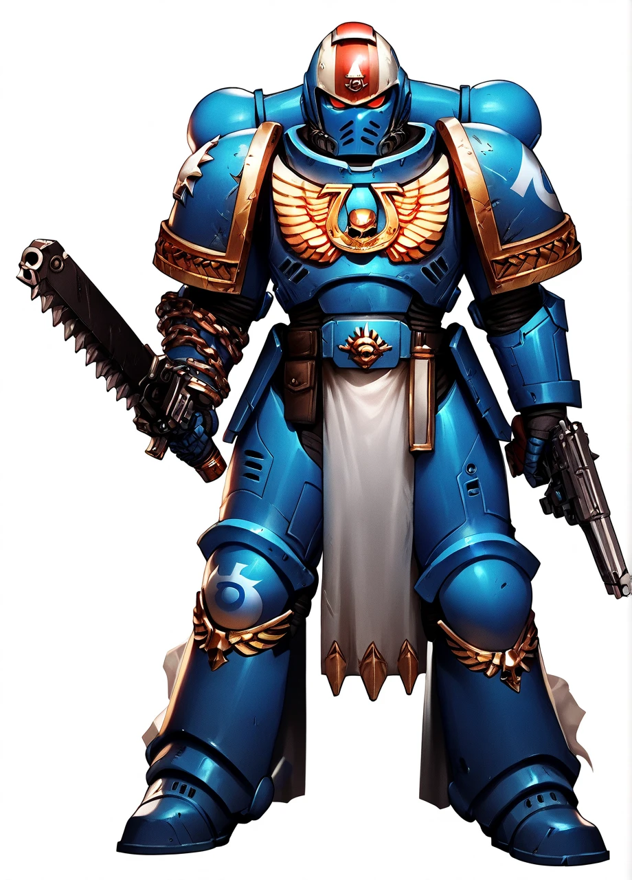 <lora:WH40K_Titus-PONY:0.8> whtitus, helmet, solo, ultramarine, red eyes, emblem, pelvic curtain, pauldrons, power armor, full body, white background, dual wielding, gun, chainsaw blade, score_8_up, score_7_up, score_6_up, score_5_up, score_4_up,