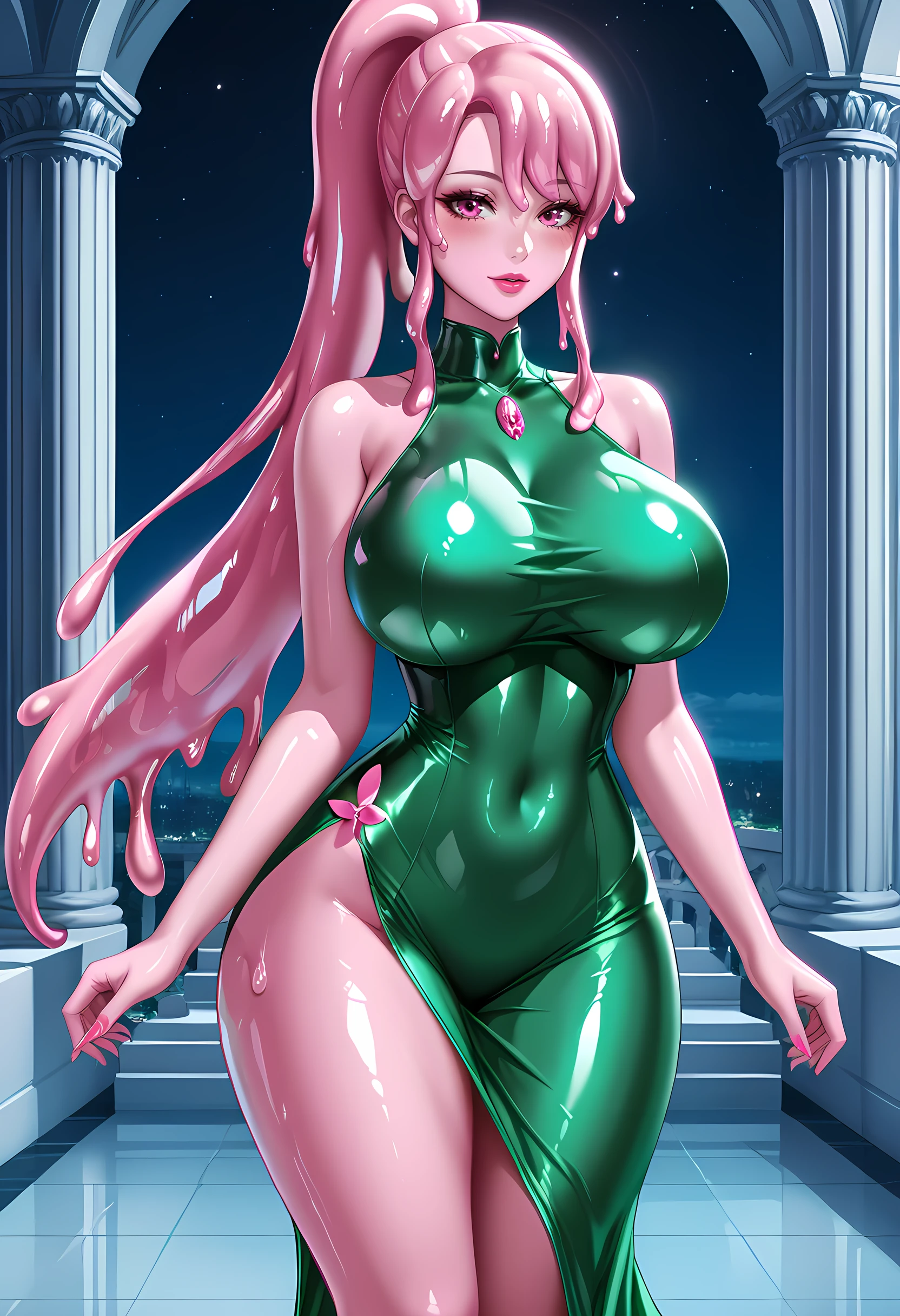 score_9, score_8_up, score_7_up, score_6_up, Masterpiece, source_anime, slime girl, pink skin, gooey body, gooey hair, colored skin, translucent skin, pink slime body, monster girl, pink eyes, pretty, beautiful, slim, curvy, long slime hair, ponytail, lips, legs, huge breasts, wide hips, (olive_green dress, long bodycon dress, sleeveless), mansion, marble decor, vivid colors, shiny and glossy, anime style, high-res, beautiful aesthetic, very intricate, high-quality details, vibrant, highly detailed, award-winning, professional,  <lora:Slime_girl_revised_r1:0.8>,