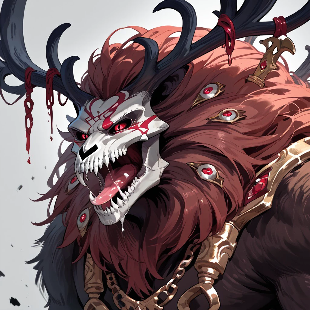 score_9, score_8_up, score_7_up, score_6_up, 1boy, solo, TPvolibear, skull head, antlers, red eyes, open mouth, tongue, close up,
