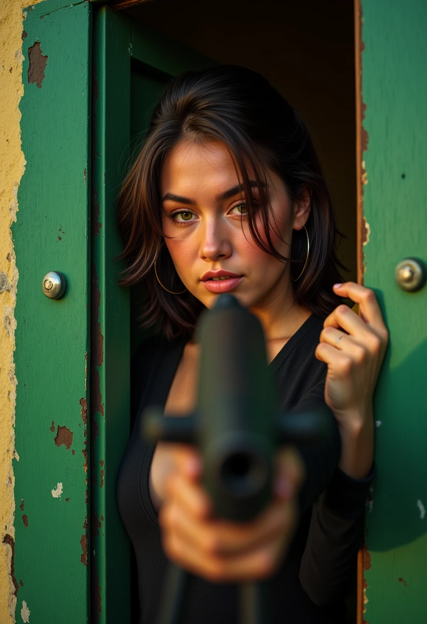 full body view, looking at the camera, multiple angles,looking at camera, photoshoot poses; the image is a portrait of a woman. In a bold, cinematic style reminiscent of Kathryn Bigelow's intense action sequences, we find ourselves amidst a gritty, high-contrast scene where a stunning young woman stands confidently in front of a worn green door. framing her striking features as she holds a sleek black assault rifle with a firm grip. Her piercing brown eyes lock onto the viewer's gaze, exuding an air of determination and unyielding conviction. The woman's tanned skin glows warmly in the soft, golden light that casts long shadows across the wall behind her.,RAW candid cinema,16mm,color graded portra 400 film,remarkable color,ultra realistic,textured skin,remarkable detailed pupils,realistic dull skin noise,visible skin detail,skin fuzz,dry skin,shot with cinematic camera,detailed skin texture,(blush:0.2),(goosebumps:0.3),subsurface scattering,beautiful photograph in the style of Augustus John,Sergio Toppi,Virginia Frances Sterrett,8k HD,detailed skin texture,ultra realistic,textured skin,analog raw photo,cinematic grain,whimsical,