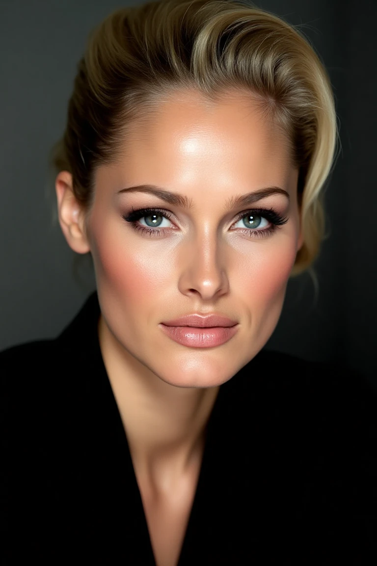 Create a close-up, high-fashion portrait of a woman with striking eyes and confident smile. Her blonde hair is styled back in a sleek manner, revealing her facial features with clarity. She wears a sophisticated black outfit that exudes elegance and minimalism. The background is a smooth gradient of dark gray, enhancing the overall refined and contemporary aesthetic. The lighting is soft yet directional, highlighting her flawless complexion and subtle makeup, with a focus on her eyes and cheekbones. The mood of the portrait is polished, modern, and artistic.