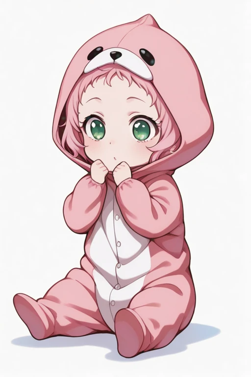 masterpiece, best quality, 1girl, solo, Pink Hair, Green Eyes, Baby, onesie